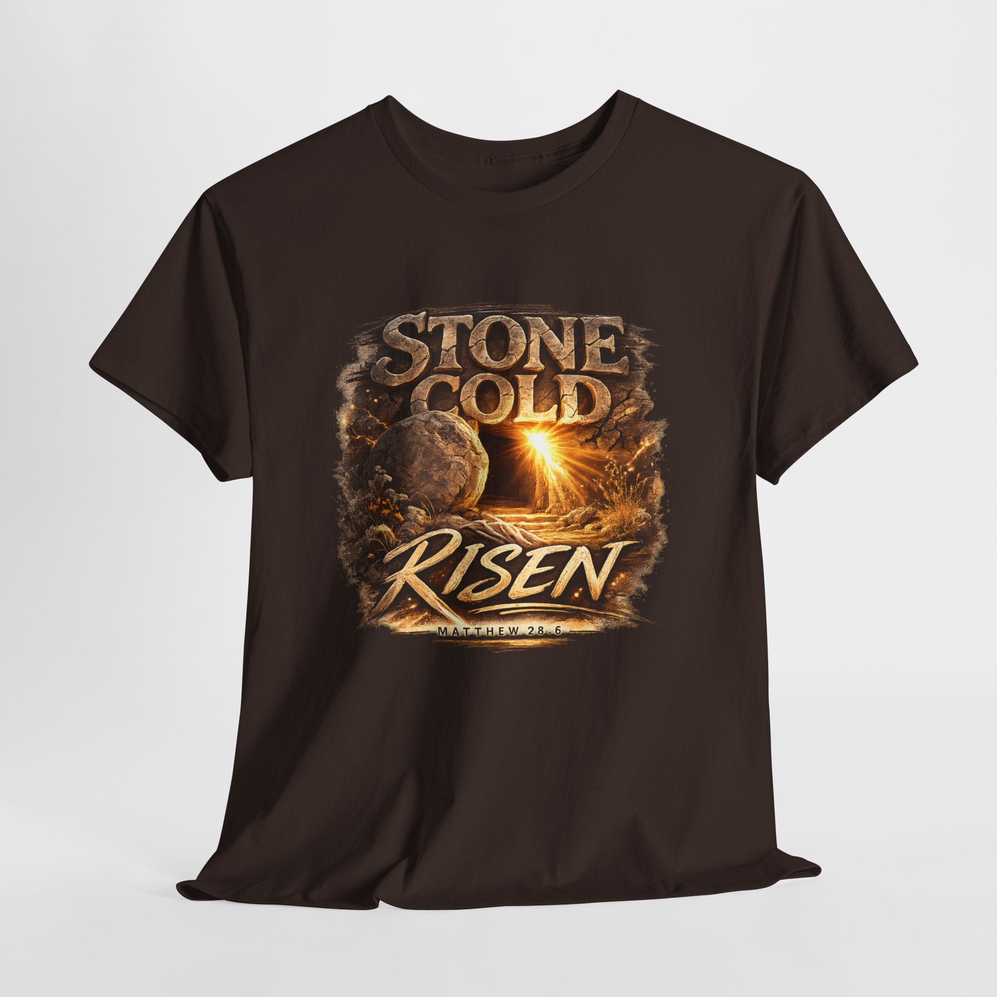 Stone Cold Risen Christian Shirt – Matthew 28:6 Bible Verse – Empty Tomb Resurrection Shirt – Easter Christian Graphic Tee