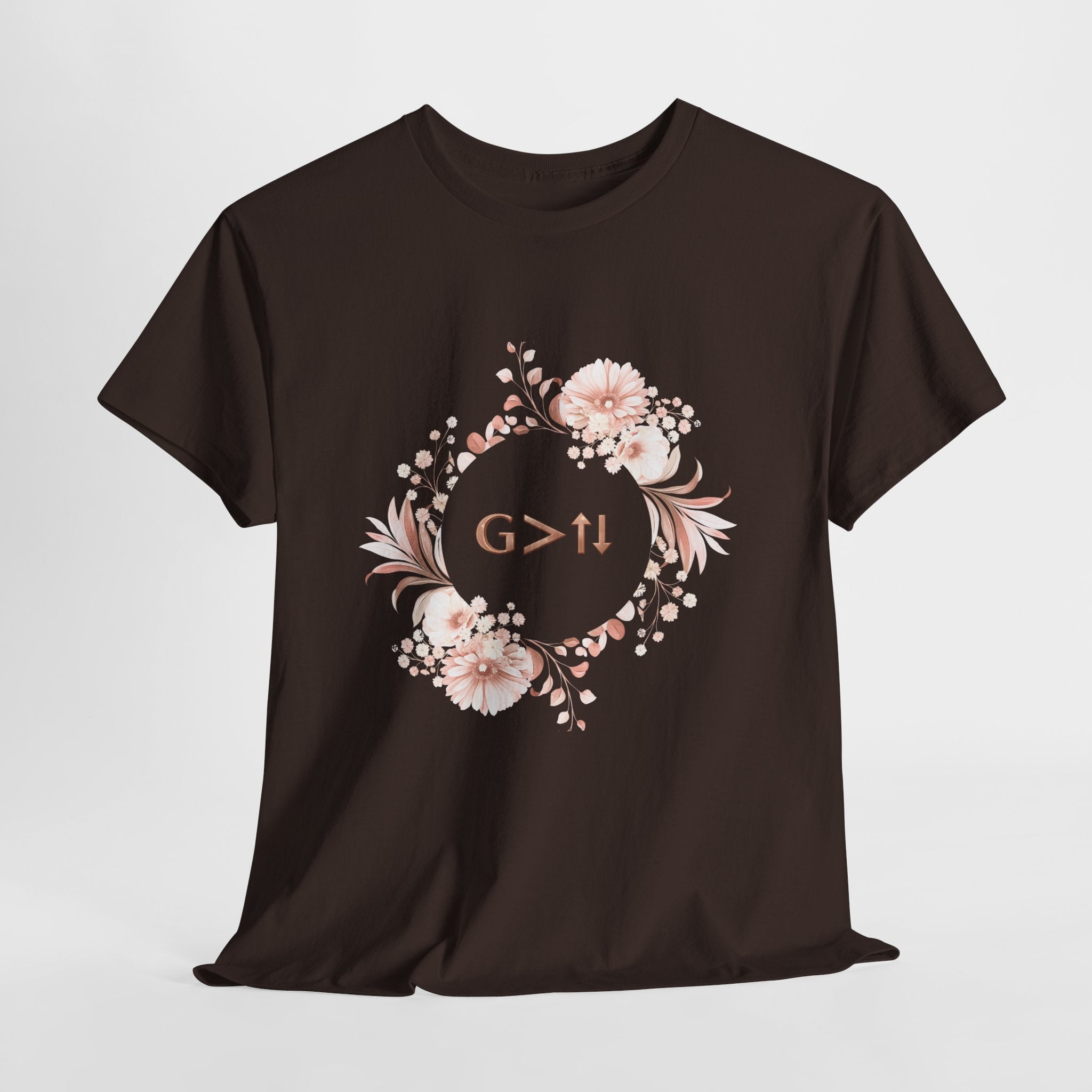 God Greater Than Highs and Lows Christian Shirt – G>↑↓ Faith Floral Wreath Tee – Inspirational Christian Women’s Shirt