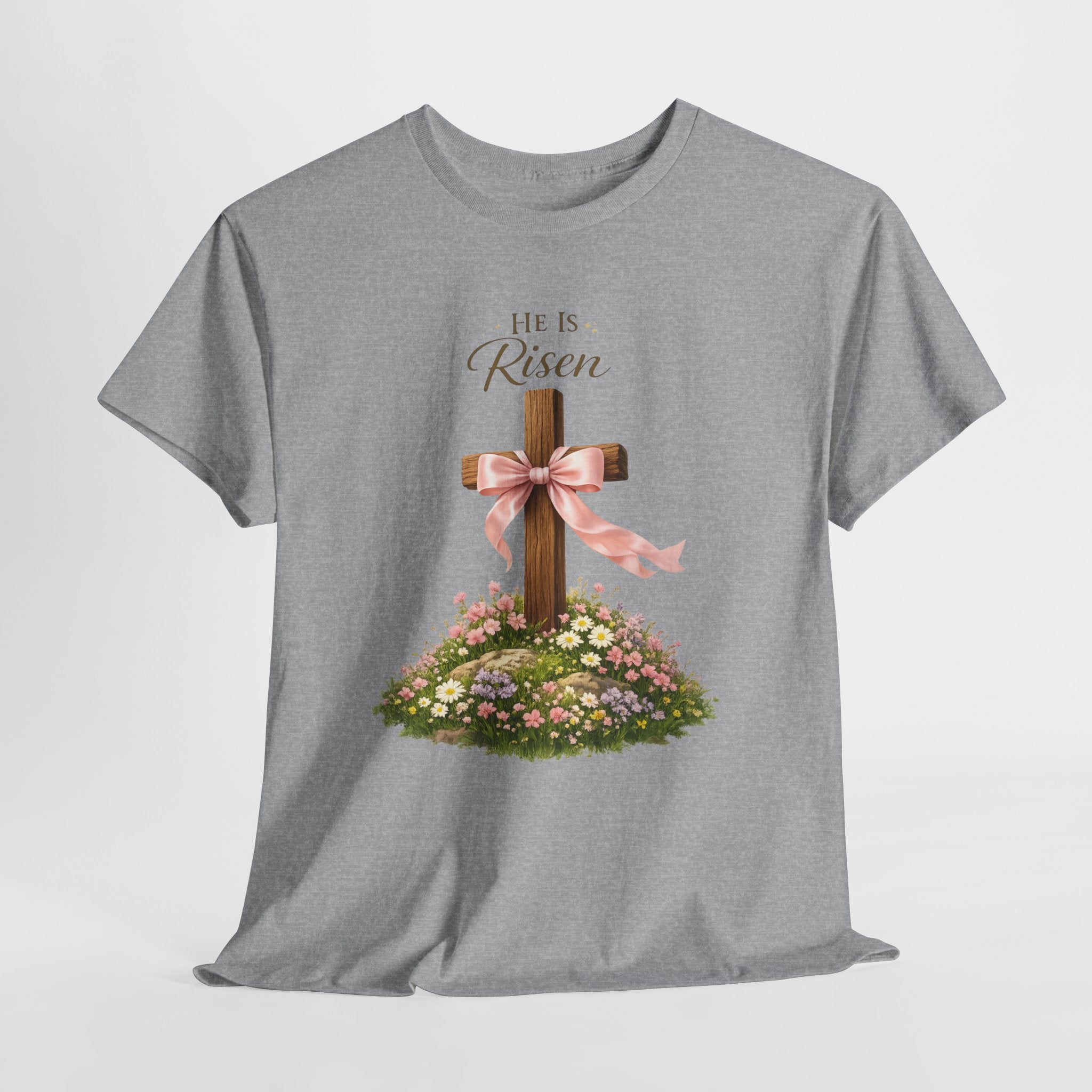He Is Risen Shirt – Christian Easter Cross with Pink Bow Floral Graphic Tee, Faith-Based Inspirational T-Shirt for Women