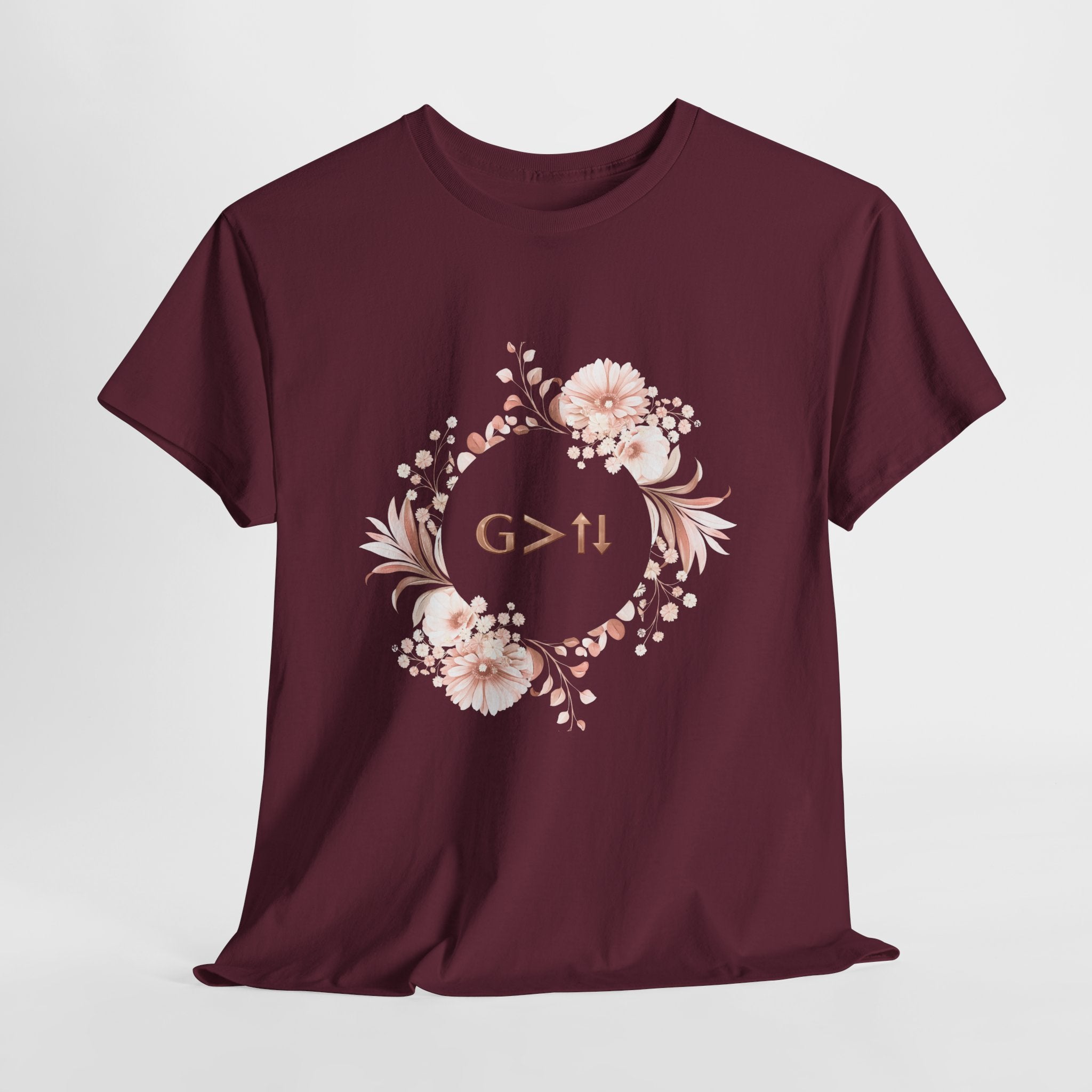 God Greater Than Highs and Lows Christian Shirt – G>↑↓ Faith Floral Wreath Tee – Inspirational Christian Women’s Shirt
