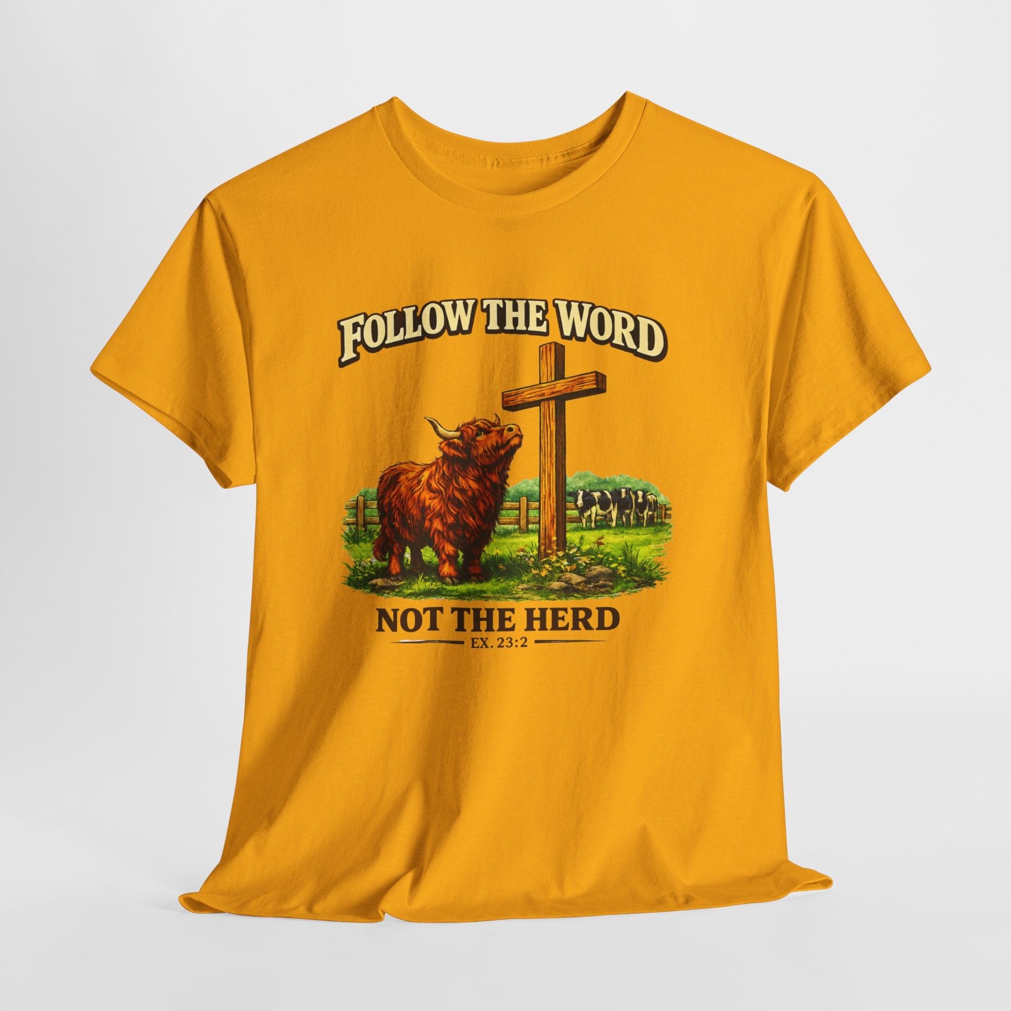 Follow the Word Not the Herd Shirt – Christian Highland Cow T-Shirt, Exodus 23:2 Faith Apparel, Christian Western Graphic Tee