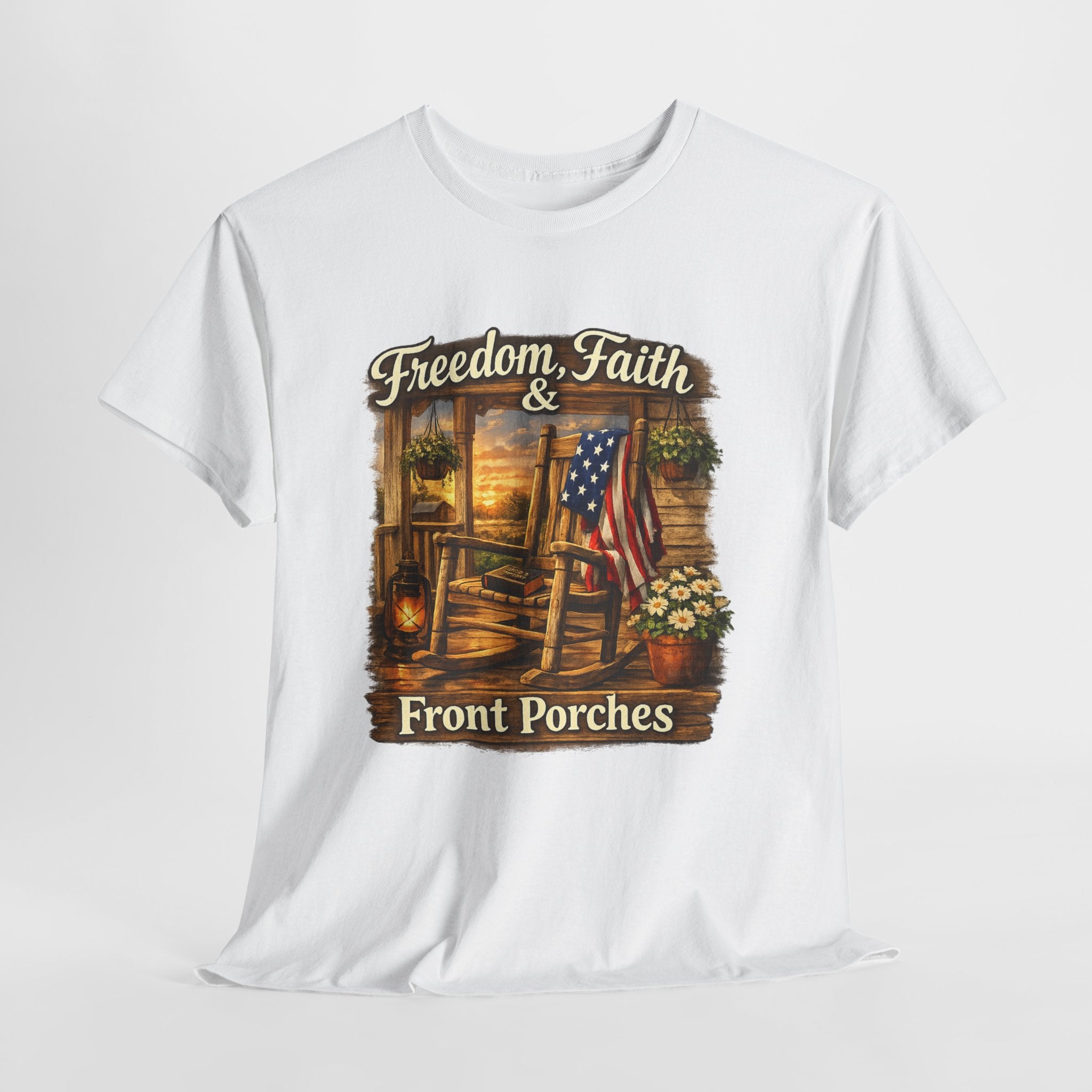 Freedom Faith Front Porch Patriotic Shirt, Christian Country Porch Life Tee, Rustic American Flag Rocking Chair T-Shirt