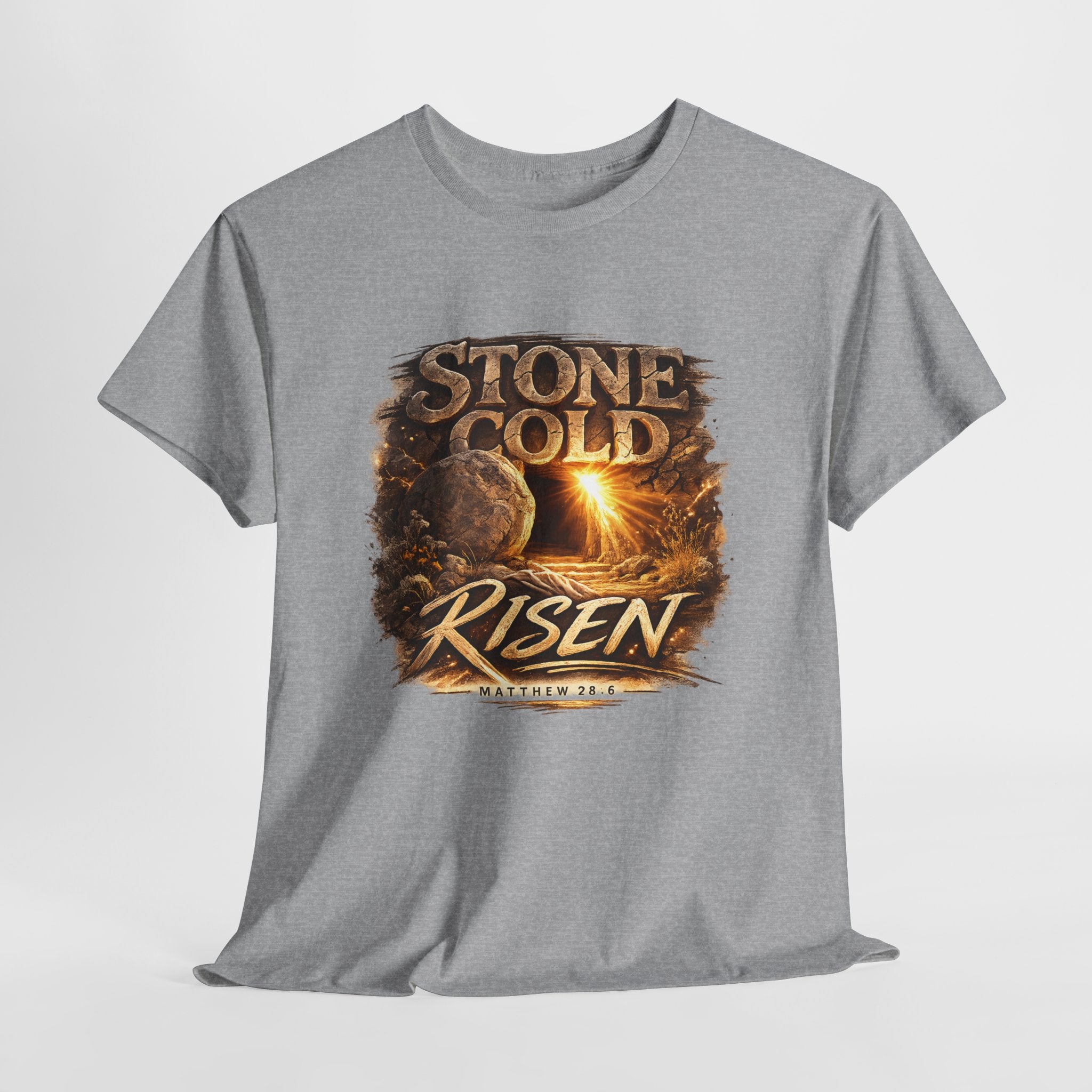 Stone Cold Risen Christian Shirt – Matthew 28:6 Bible Verse – Empty Tomb Resurrection Shirt – Easter Christian Graphic Tee