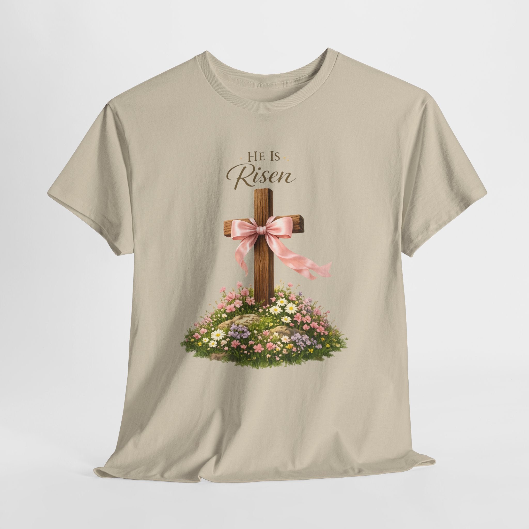 He Is Risen Shirt – Christian Easter Cross with Pink Bow Floral Graphic Tee, Faith-Based Inspirational T-Shirt for Women