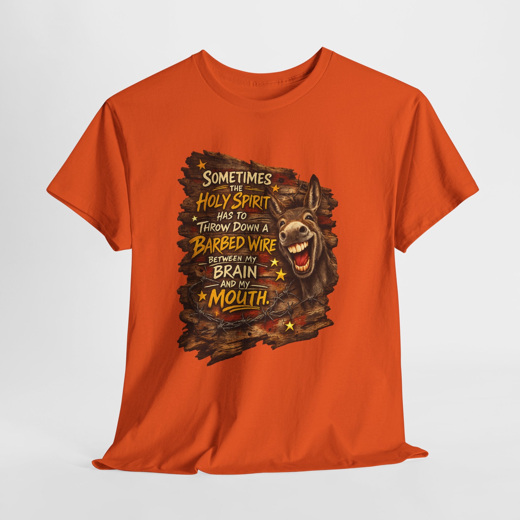 Funny Christian Donkey Shirt – “Sometimes the Holy Spirit Has to Throw Down Barbed Wire Between My Brain and My Mouth” – Christian Humor Country Graphic Tee