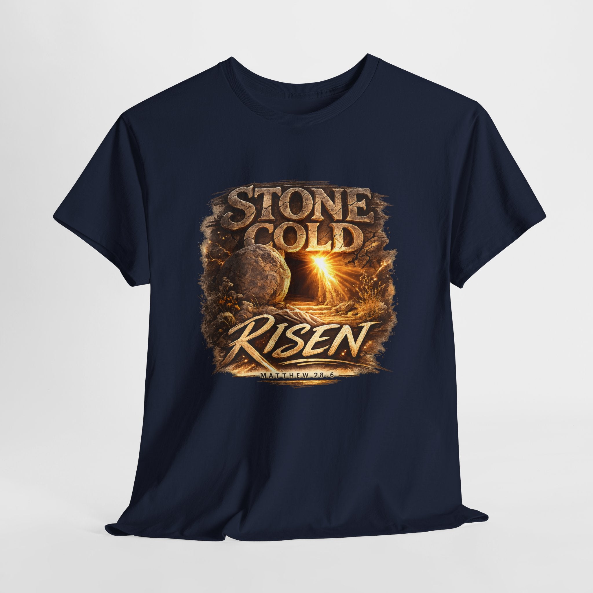 Stone Cold Risen Christian Shirt – Matthew 28:6 Bible Verse – Empty Tomb Resurrection Shirt – Easter Christian Graphic Tee