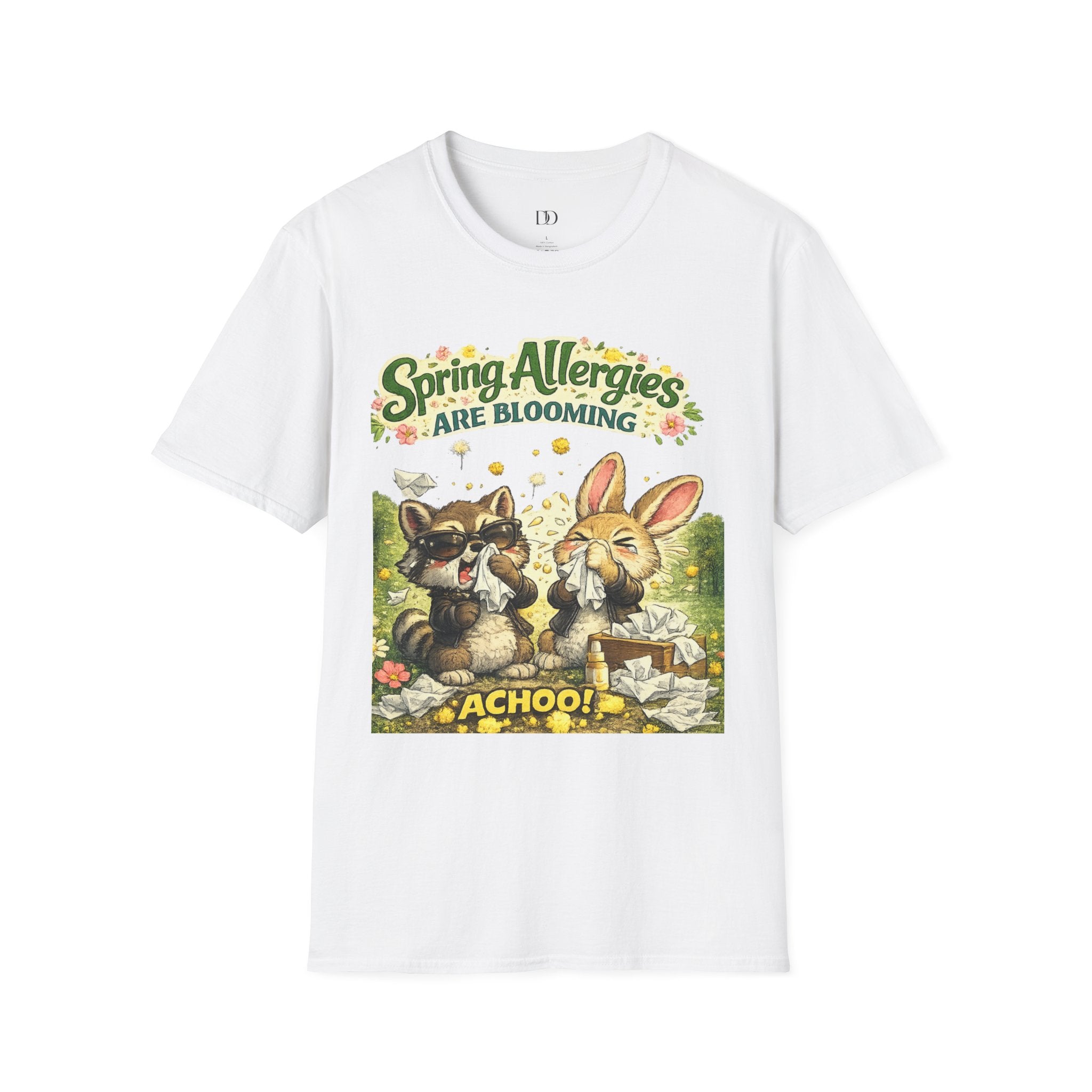 Spring Allergies Are Blooming Shirt – Funny Raccoon & Bunny Sneezing Graphic Tee, Cute Spring Allergy Humor T-Shirt
