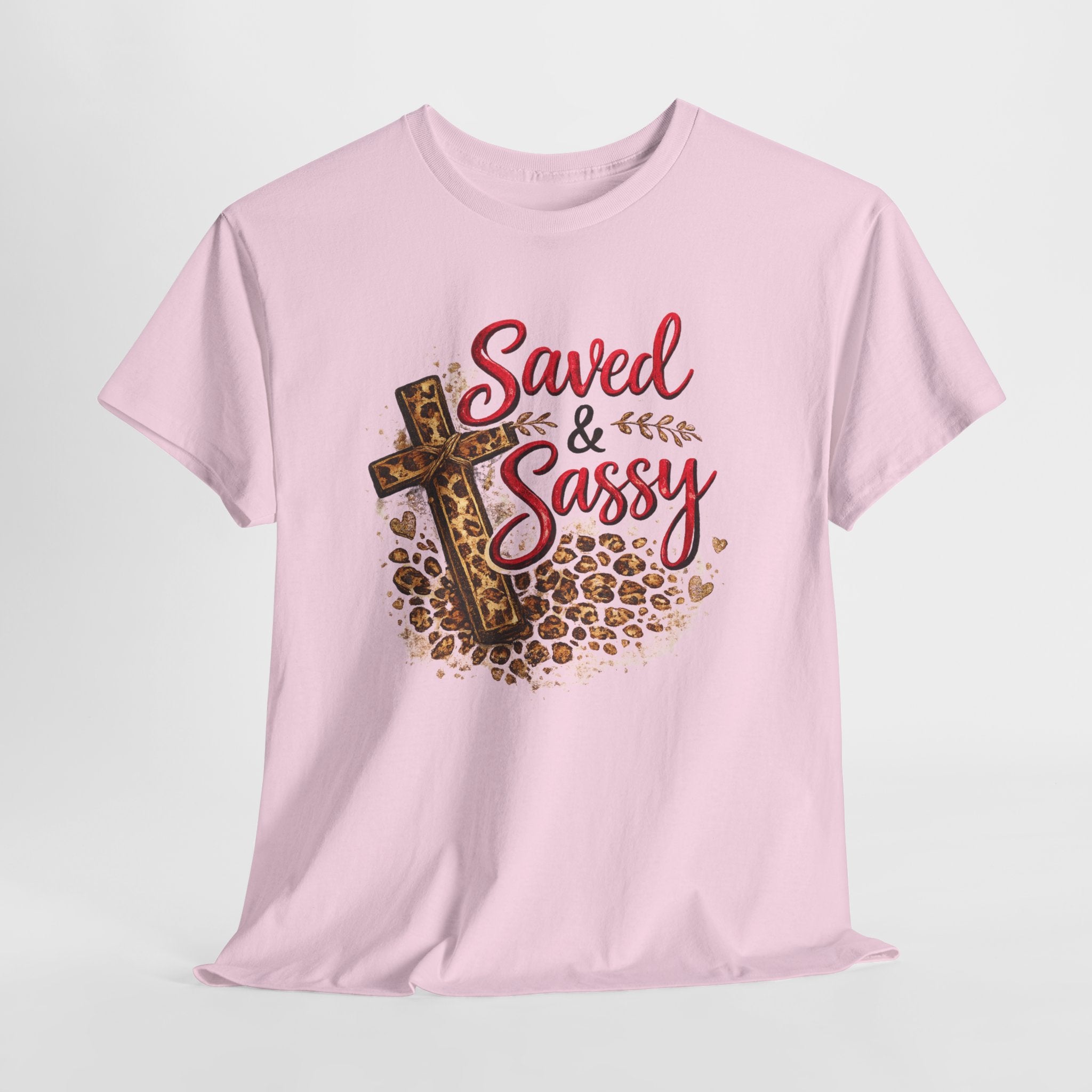 Saved and Sassy Christian Shirt – Funny Faith Women’s Tee – Leopard Cross Christian Graphic Shirt
