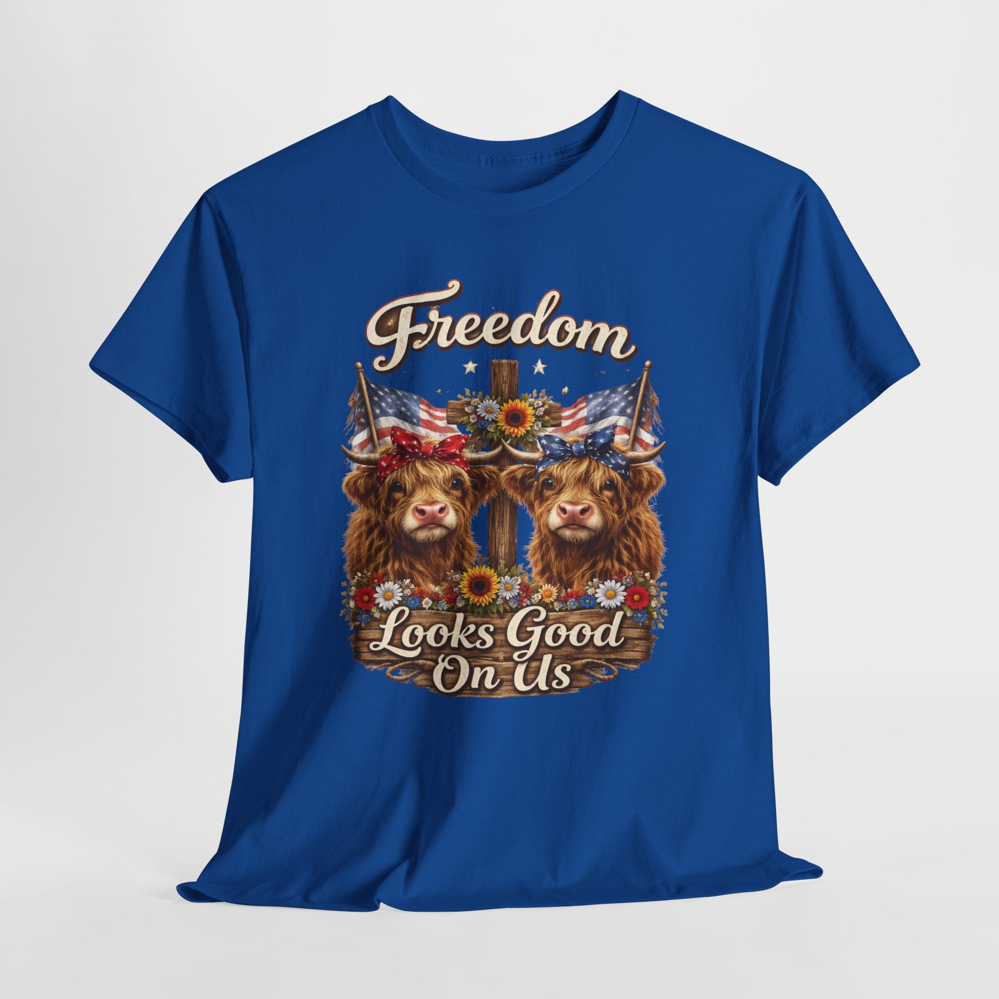 Freedom Looks Good On Us Highland Cow Patriotic Shirt, American Flag Cowgirl Tee, Funny 4th of July Farm Life T-Shirt