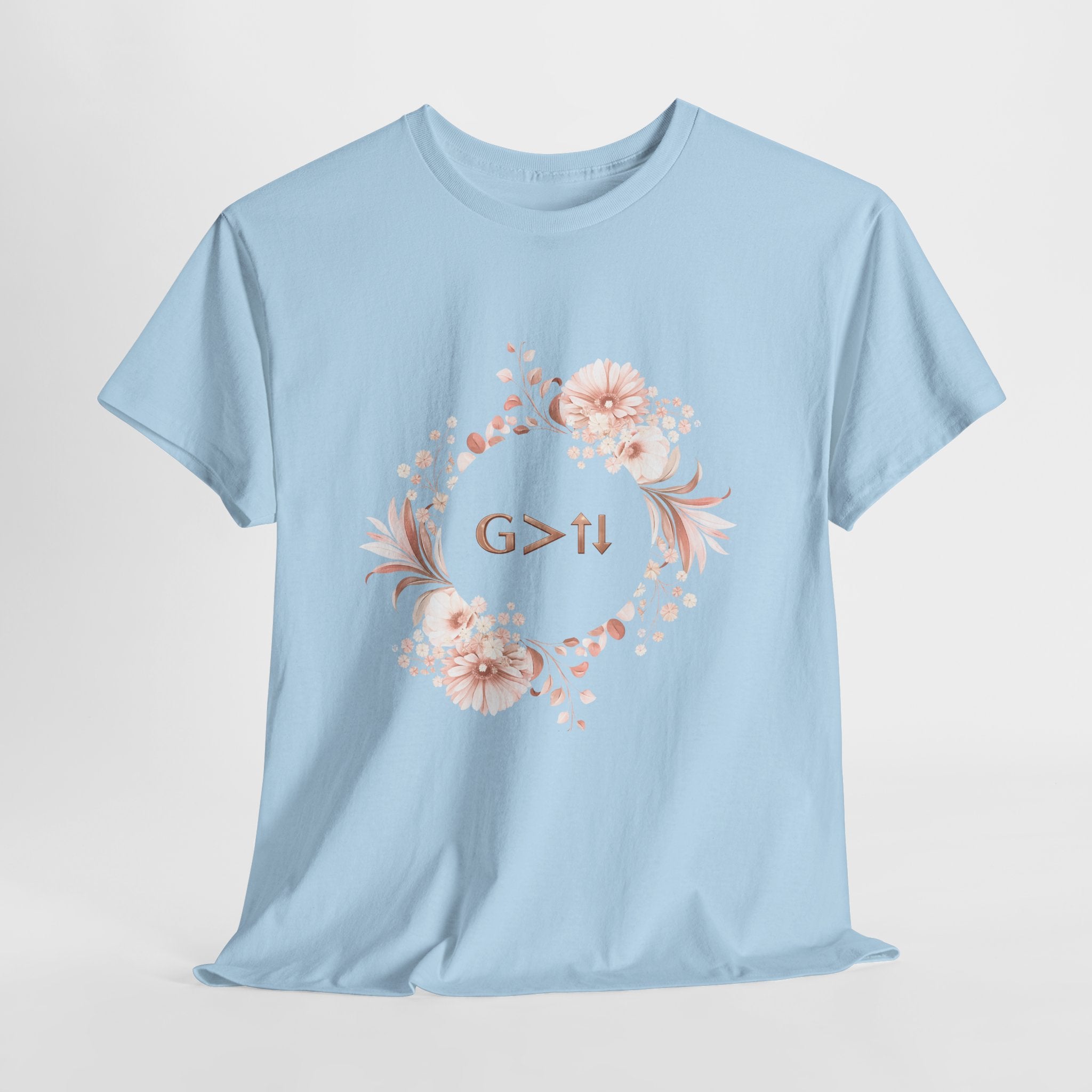 God Greater Than Highs and Lows Christian Shirt – G>↑↓ Faith Floral Wreath Tee – Inspirational Christian Women’s Shirt