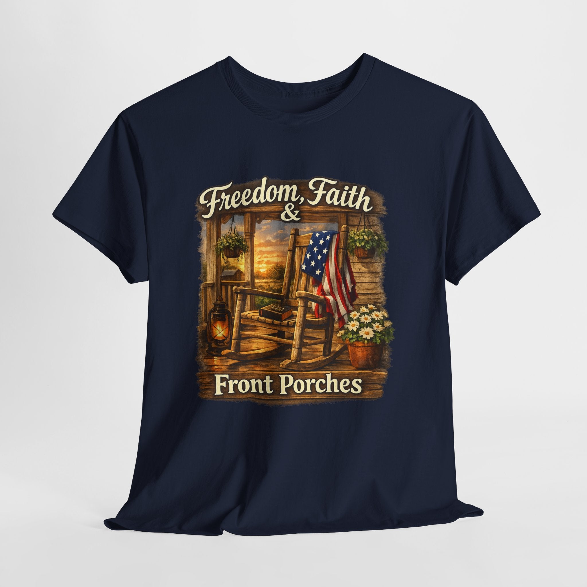 Freedom Faith Front Porch Patriotic Shirt, Christian Country Porch Life Tee, Rustic American Flag Rocking Chair T-Shirt