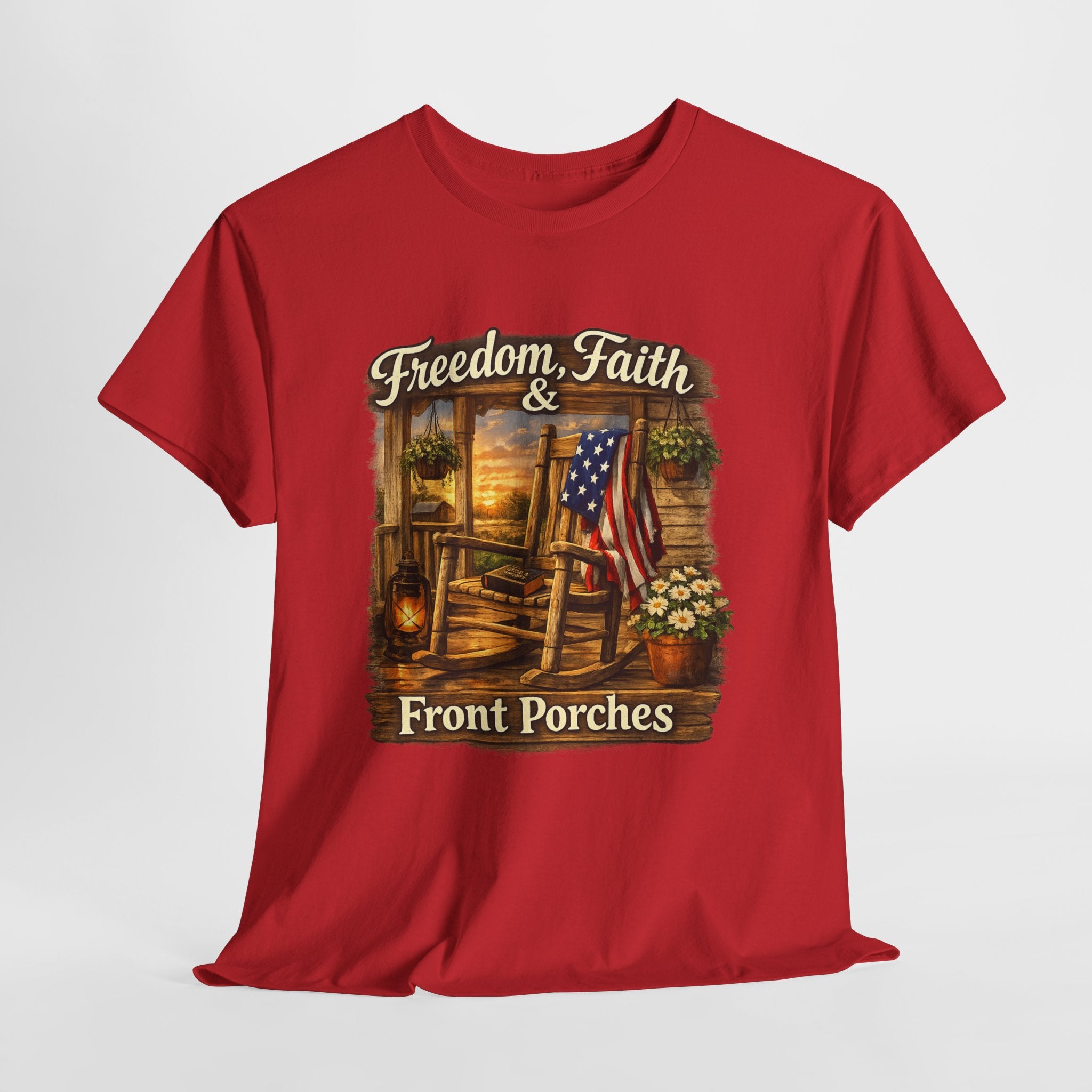 Freedom Faith Front Porch Patriotic Shirt, Christian Country Porch Life Tee, Rustic American Flag Rocking Chair T-Shirt