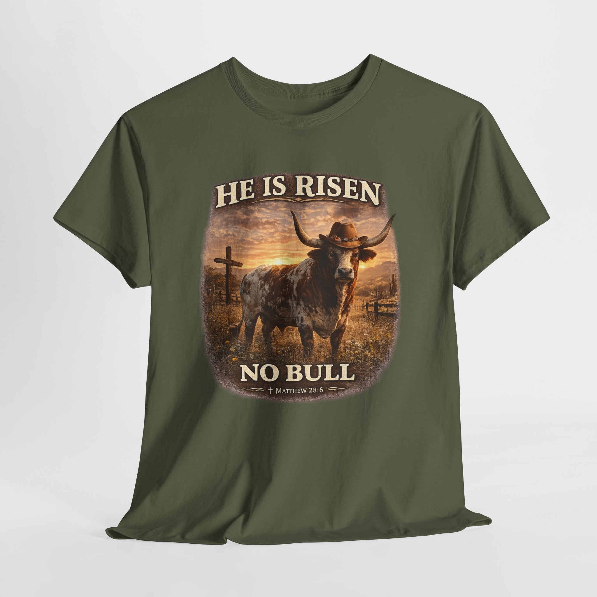 He Is Risen No Bull Christian Cowboy Shirt – Matthew 28:6 Easter Faith Western Graphic Tee