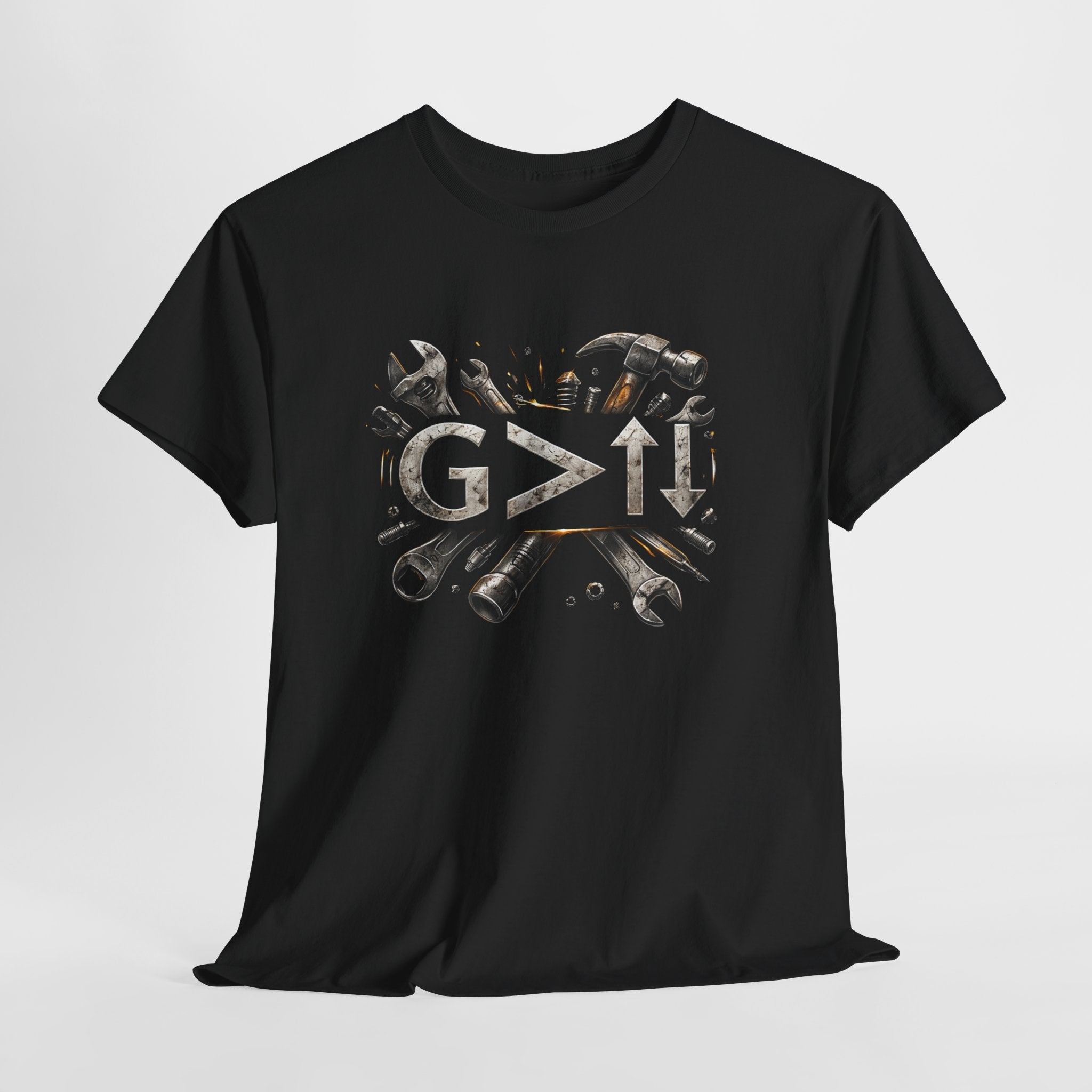 God Greater Than Highs and Lows Christian Shirt – G>↑↓ Faith Tee – Christian Mechanic & Tradesman Shirt