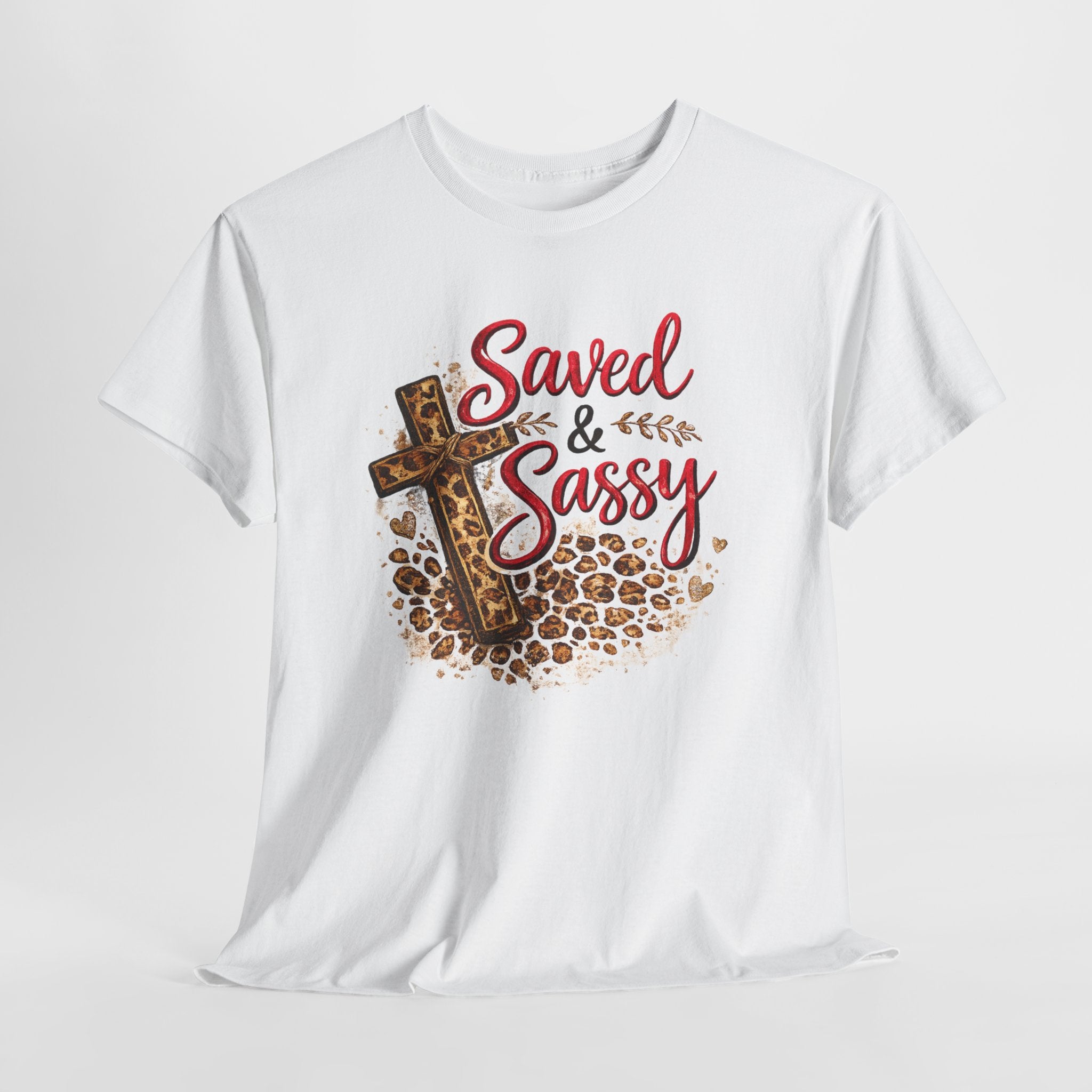 Saved and Sassy Christian Shirt – Funny Faith Women’s Tee – Leopard Cross Christian Graphic Shirt