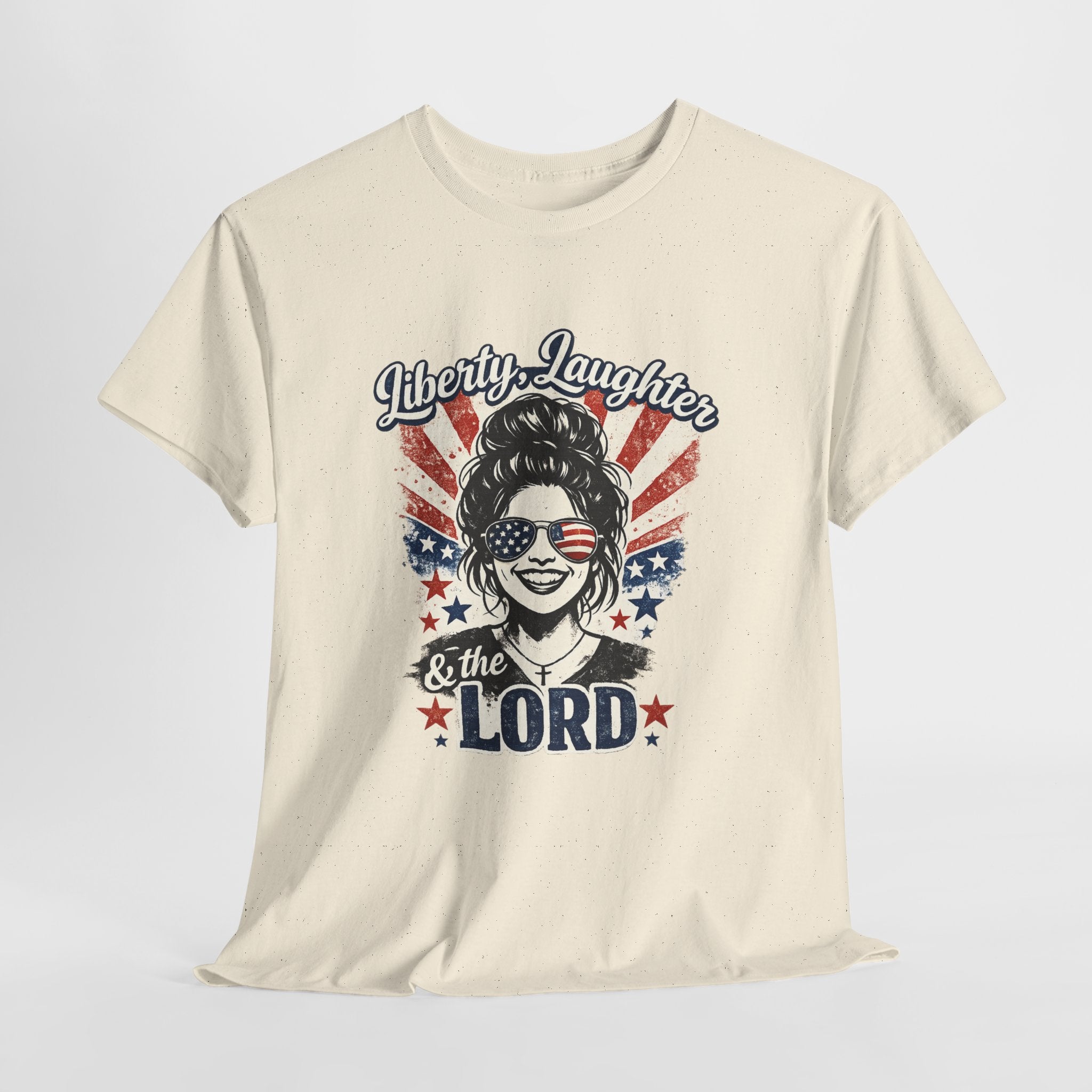 Liberty Laughter & The Lord Patriotic Christian Shirt, Funny Faith USA Graphic Tee, American Flag Sunglasses Women T-Shirt