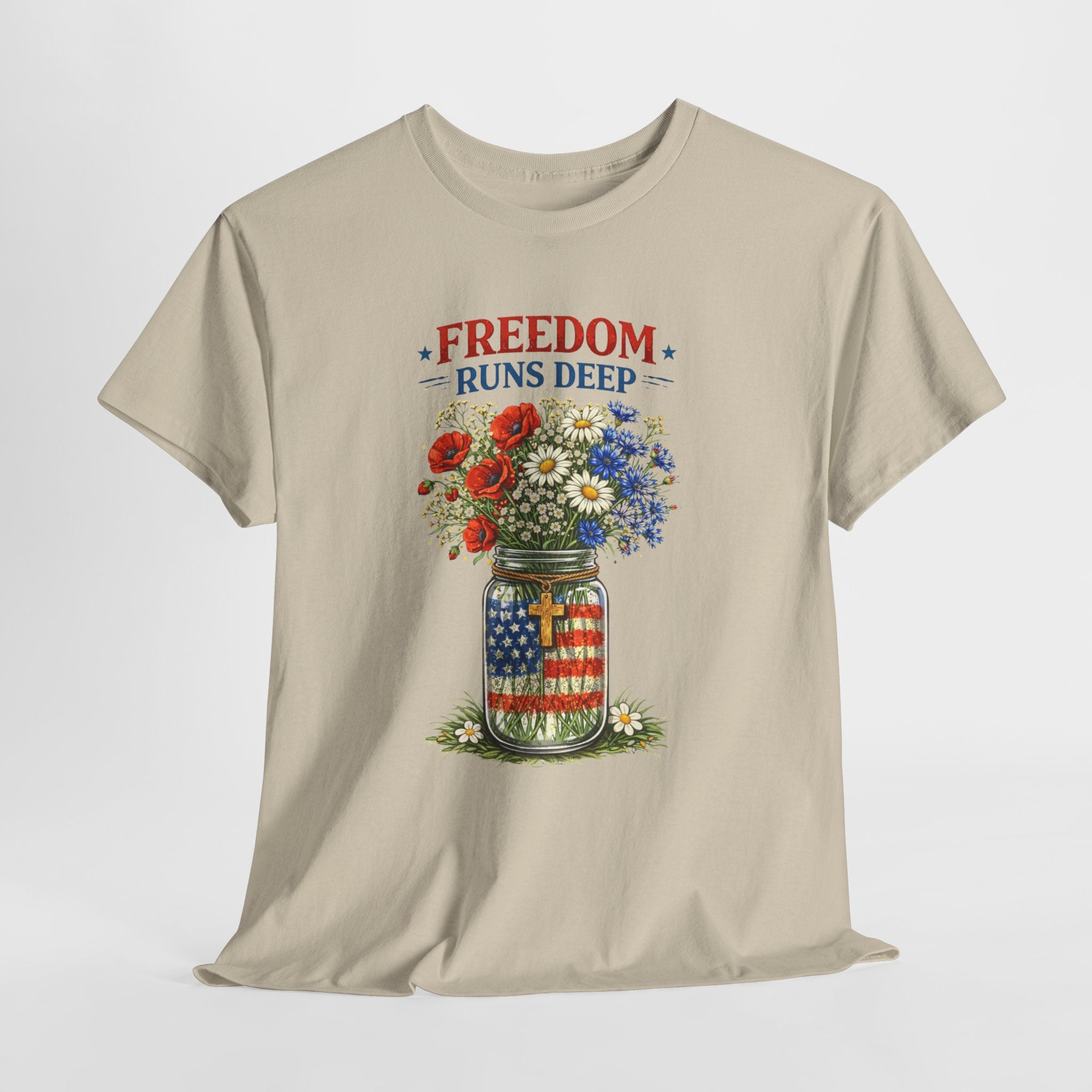 Freedom Runs Deep Patriotic Christian Shirt, Mason Jar American Flag Flowers Tee, Faith Based 4th of July T-Shirt
