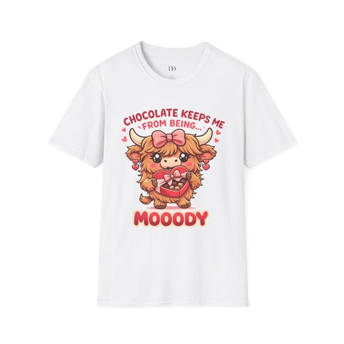 Chocolate Keeps Me From Being Moody Shirt – Cute Cow Valentine Graphic Tee, Funny Chocolate Lover Gift, Mood Humor T-Shirt