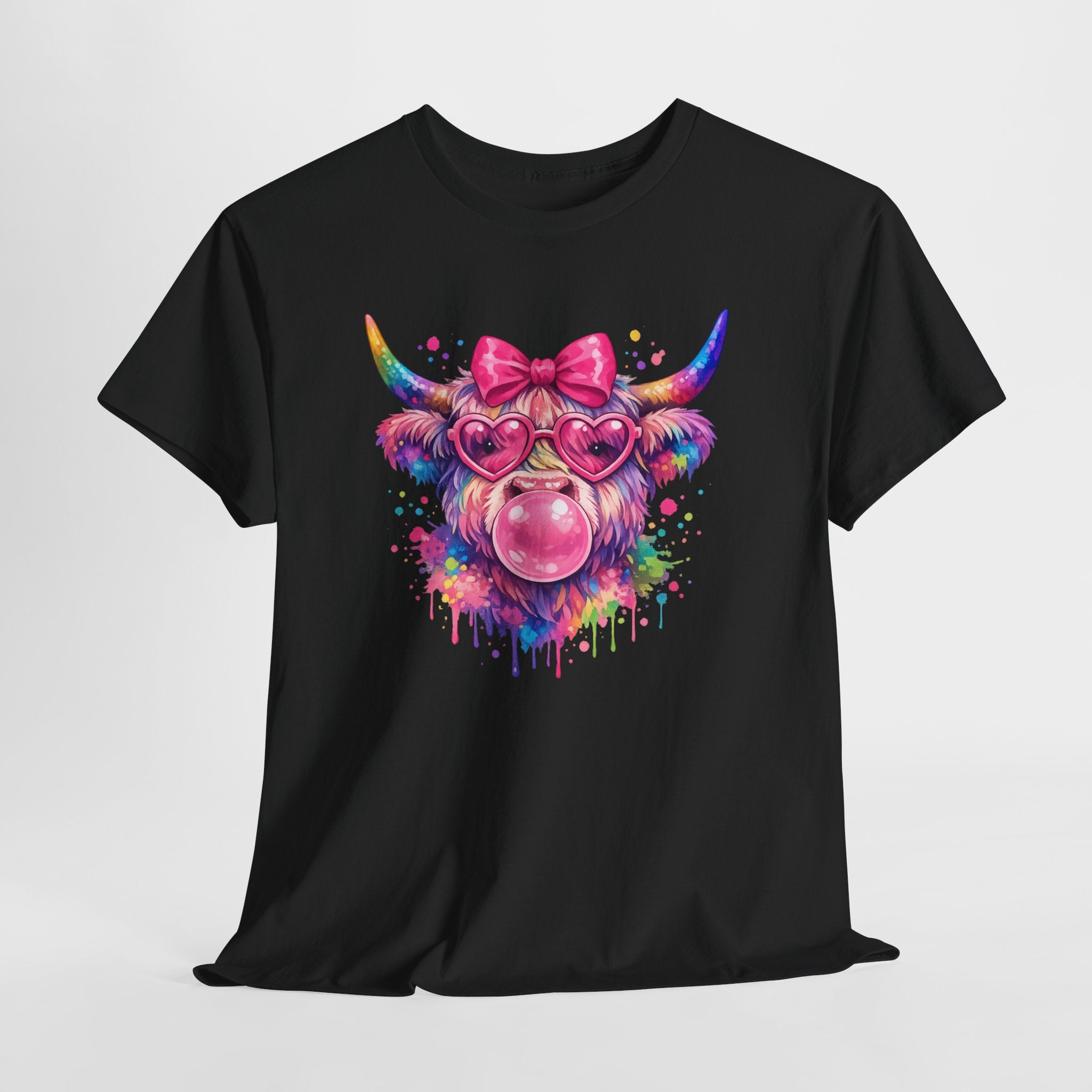Colorful Highland Cow Shirt – Cute Cow Graphic Tee with Sunglasses, Bubblegum Animal T-Shirt
