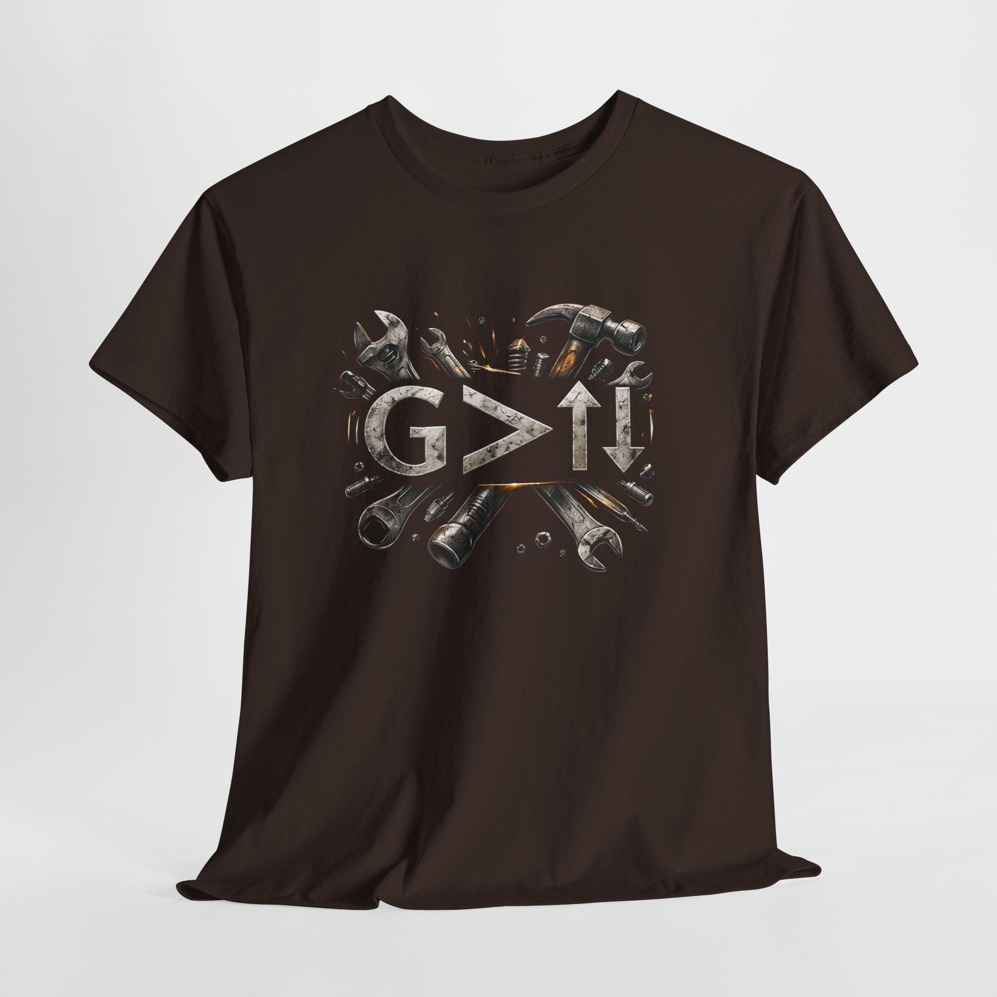 God Greater Than Highs and Lows Christian Shirt – G>↑↓ Faith Tee – Christian Mechanic & Tradesman Shirt