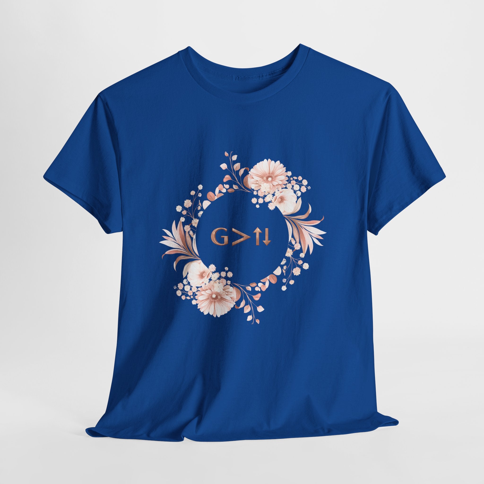 God Greater Than Highs and Lows Christian Shirt – G>↑↓ Faith Floral Wreath Tee – Inspirational Christian Women’s Shirt
