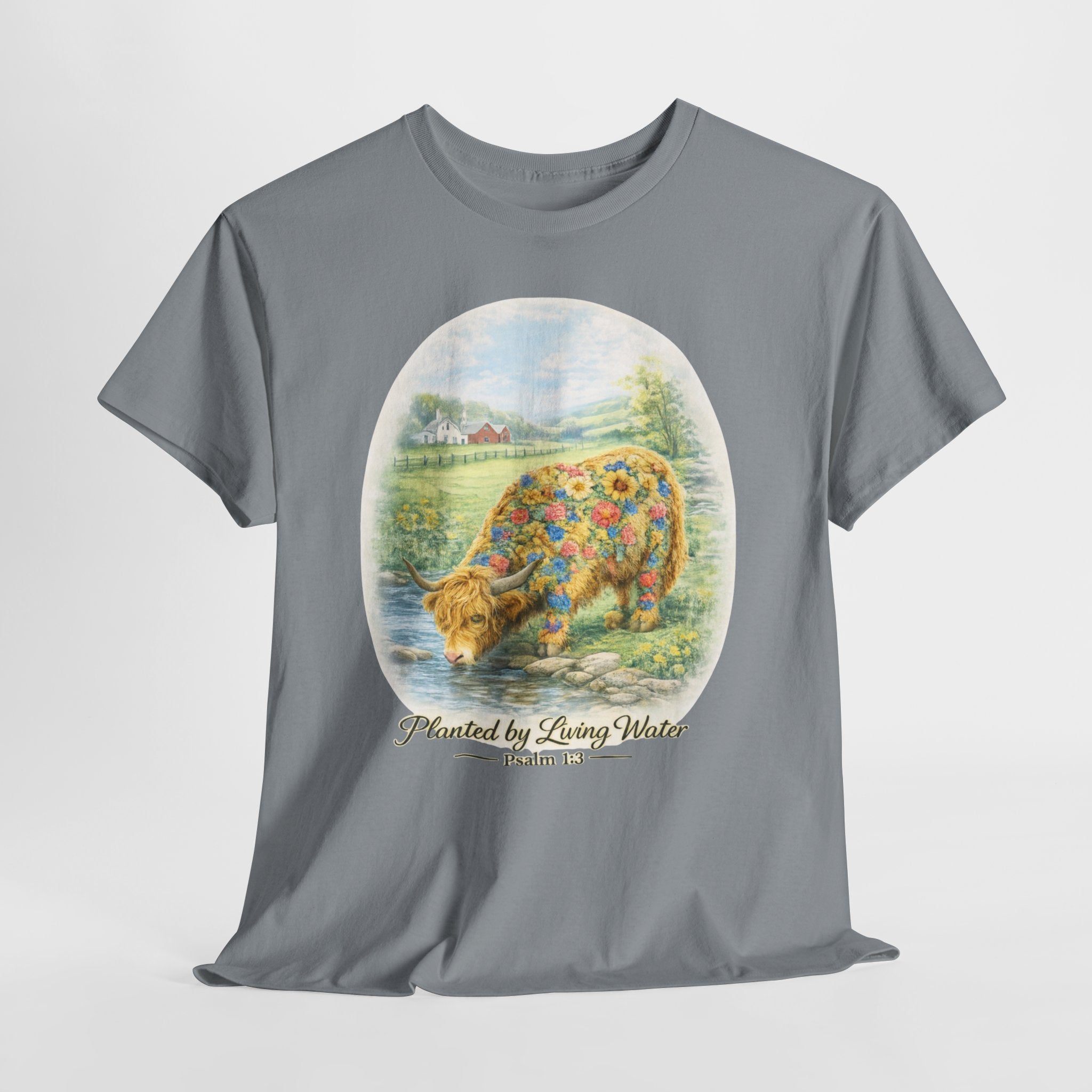 Highland Cow Planted by Living Water Shirt – Psalm 1:3 Christian Floral Cow Faith Graphic Tee