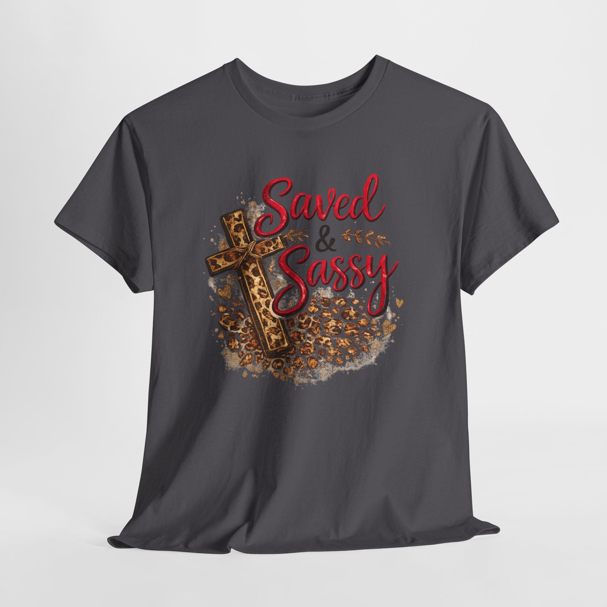 Saved and Sassy Christian Shirt – Funny Faith Women’s Tee – Leopard Cross Christian Graphic Shirt
