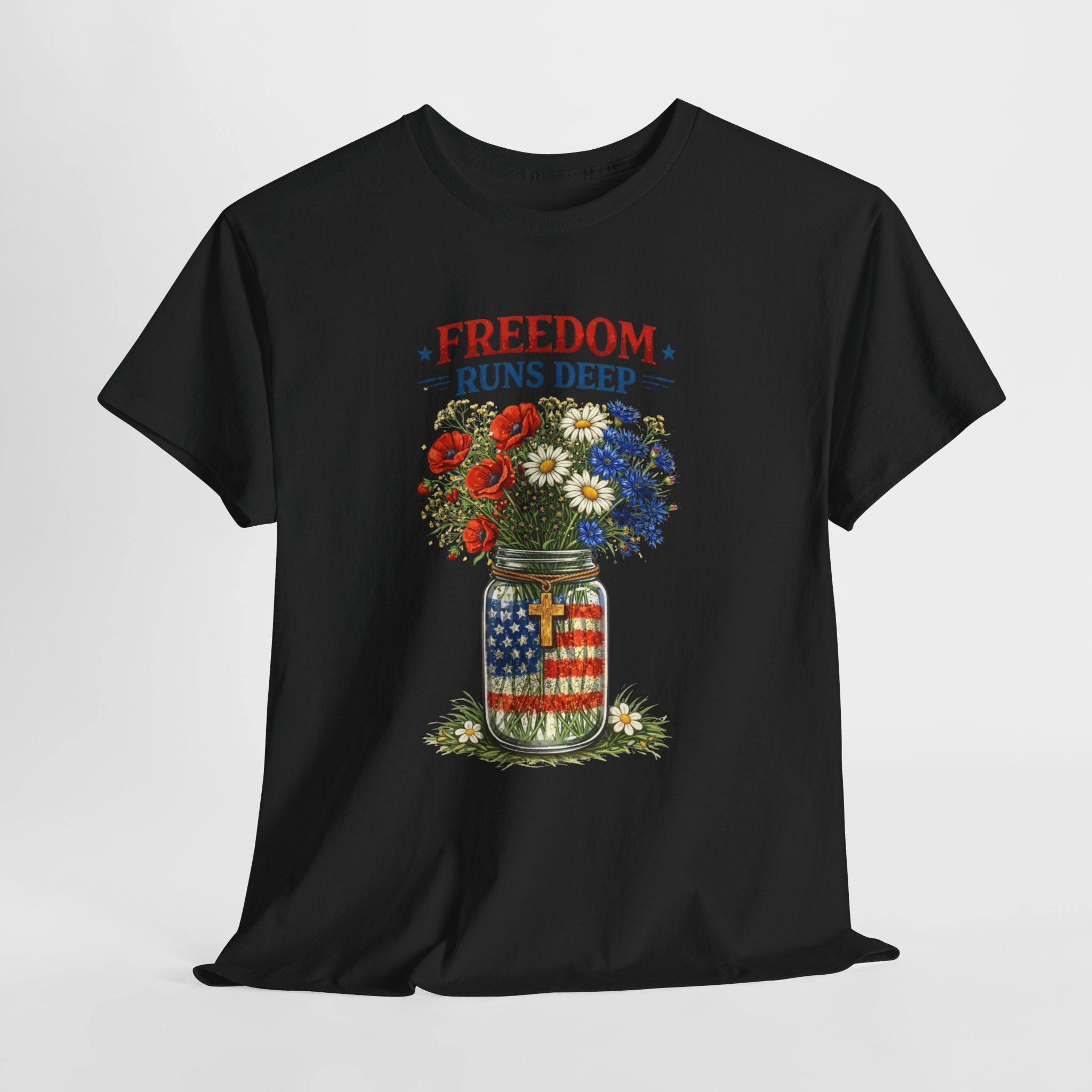 Freedom Runs Deep Patriotic Christian Shirt, Mason Jar American Flag Flowers Tee, Faith Based 4th of July T-Shirt