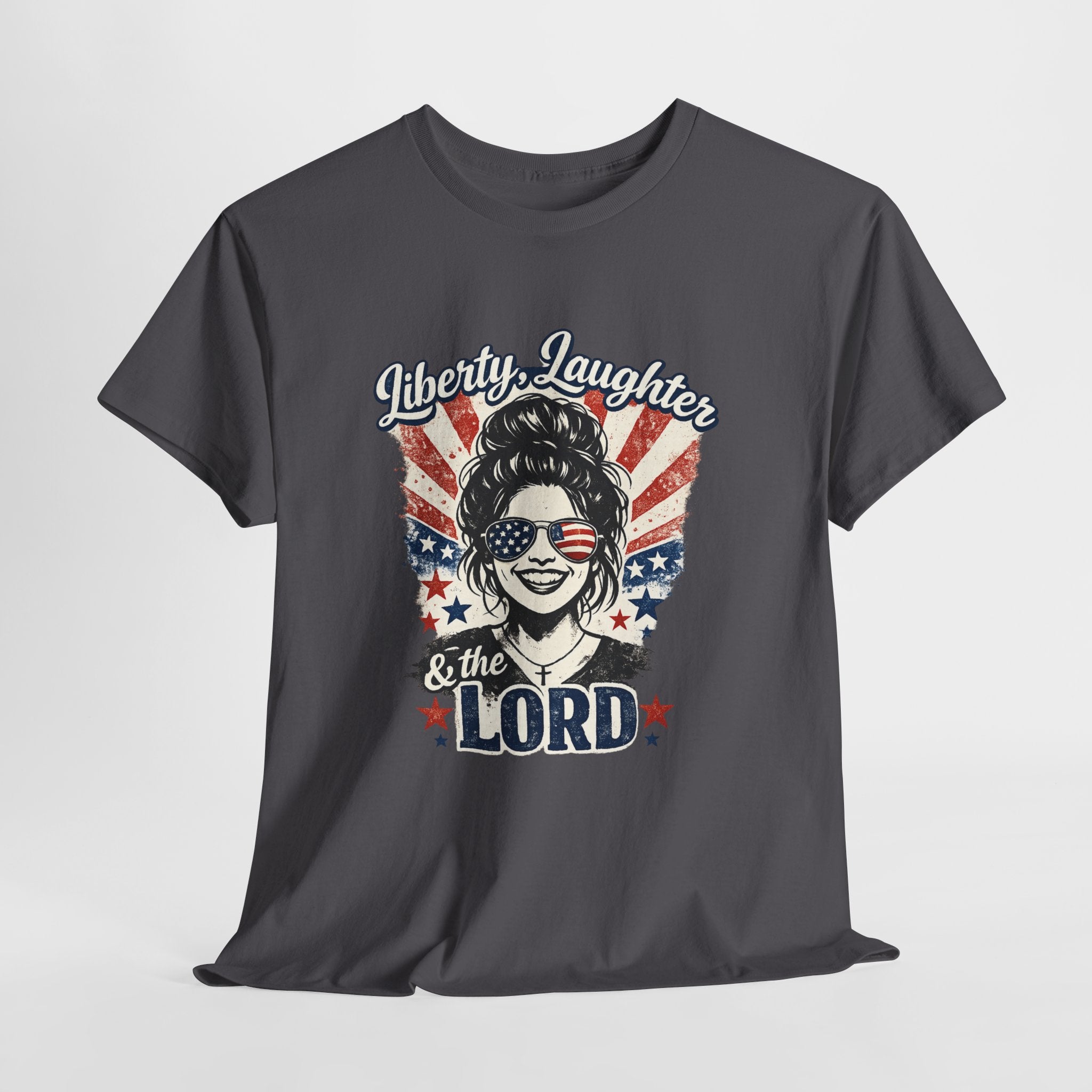 Liberty Laughter & The Lord Patriotic Christian Shirt, Funny Faith USA Graphic Tee, American Flag Sunglasses Women T-Shirt