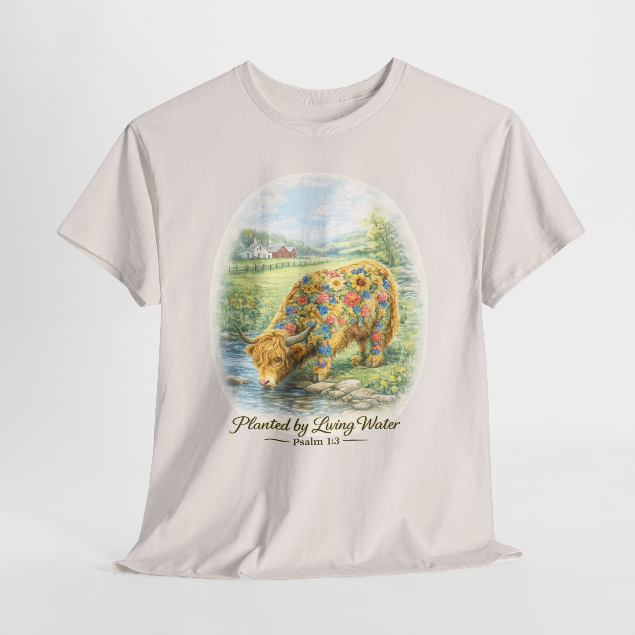 Highland Cow Planted by Living Water Shirt – Psalm 1:3 Christian Floral Cow Faith Graphic Tee