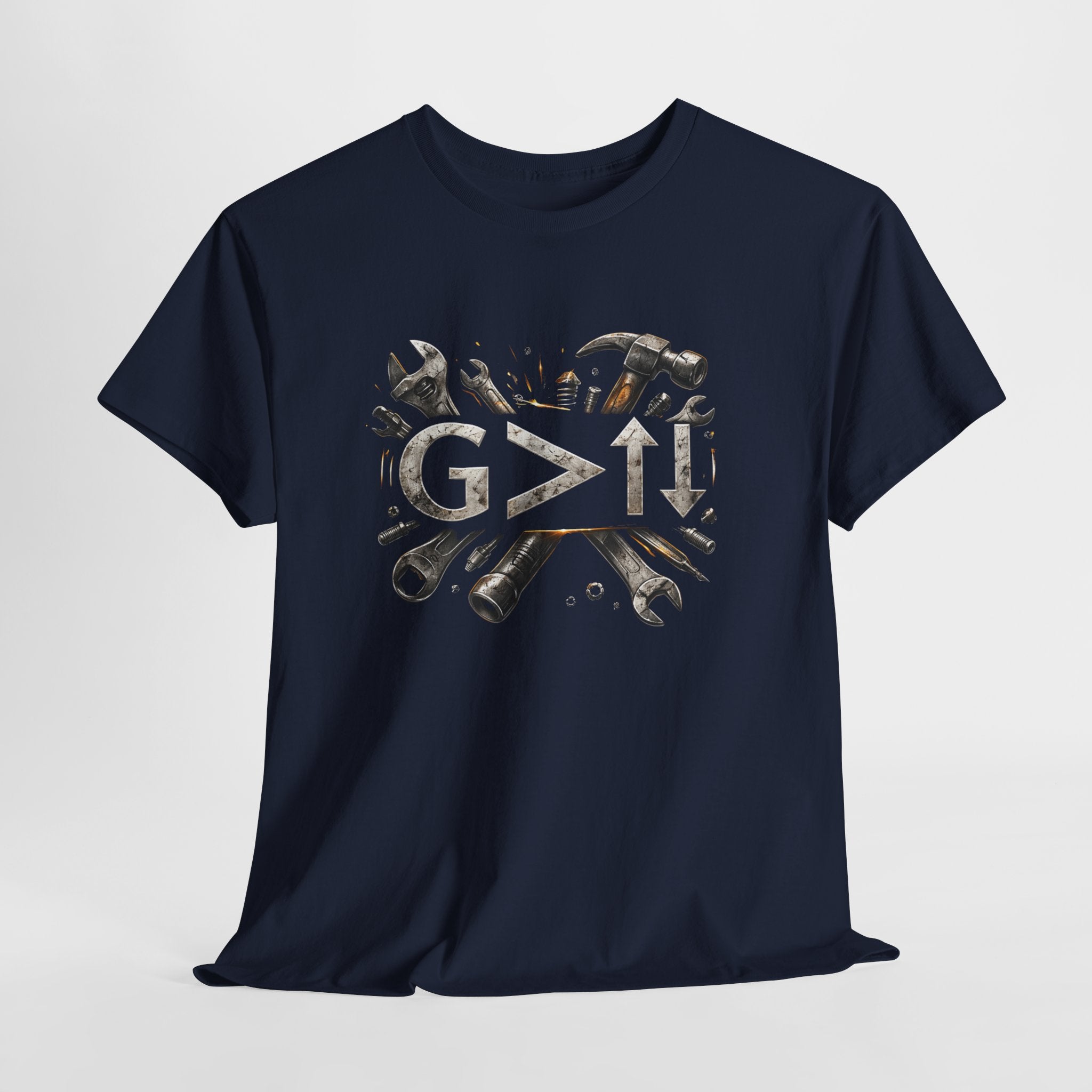 God Greater Than Highs and Lows Christian Shirt – G>↑↓ Faith Tee – Christian Mechanic & Tradesman Shirt
