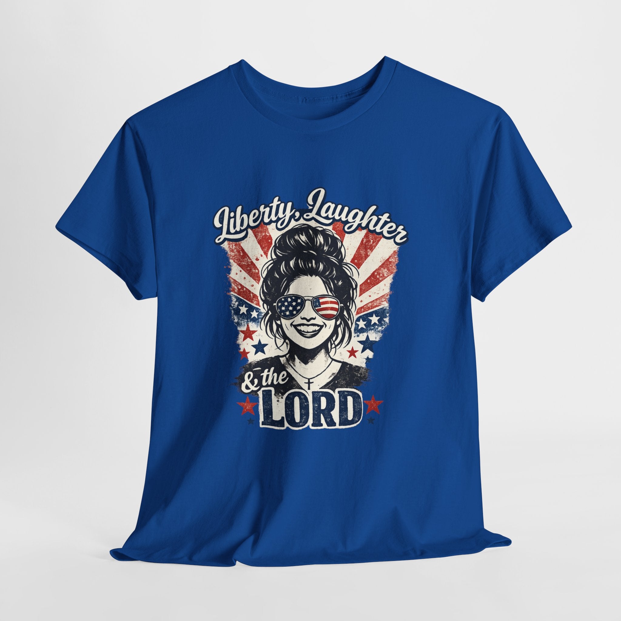 Liberty Laughter & The Lord Patriotic Christian Shirt, Funny Faith USA Graphic Tee, American Flag Sunglasses Women T-Shirt