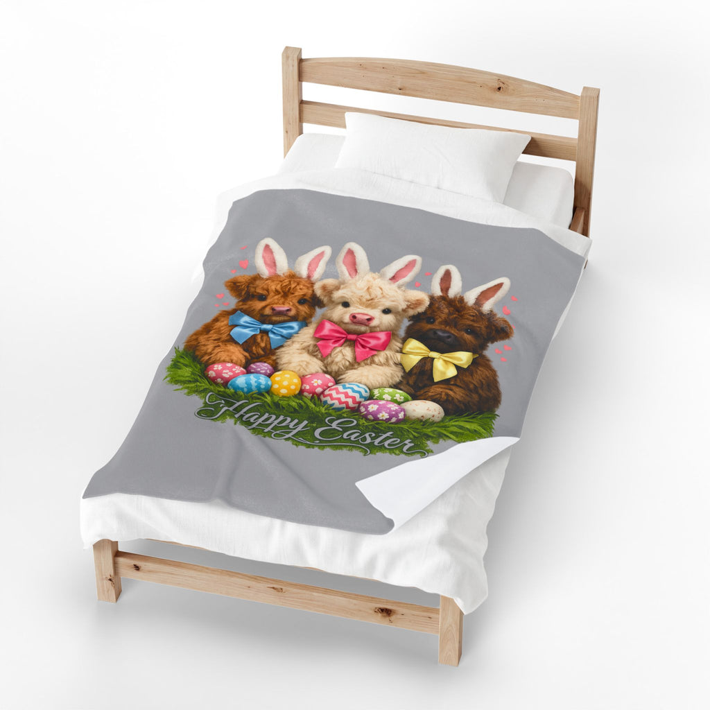 Highland Cow Easter Throw Blanket – Cute Baby Cow with Bunny Ears & Easter Eggs – Soft Spring Farmhouse Blanket