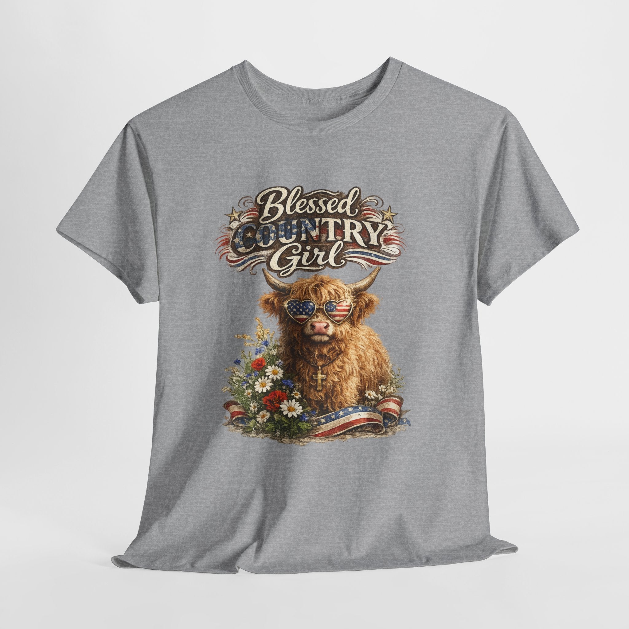 Blessed Country Girl Highland Cow Patriotic Shirt, Christian Western Cowgirl Graphic Tee, American Flag Farm Life T-Shirt