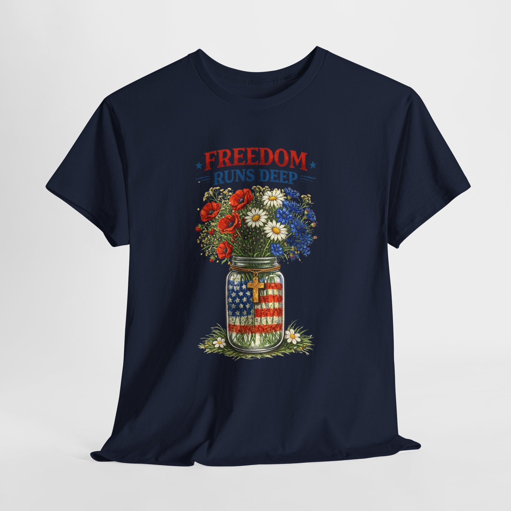 Freedom Runs Deep Patriotic Christian Shirt, Mason Jar American Flag Flowers Tee, Faith Based 4th of July T-Shirt