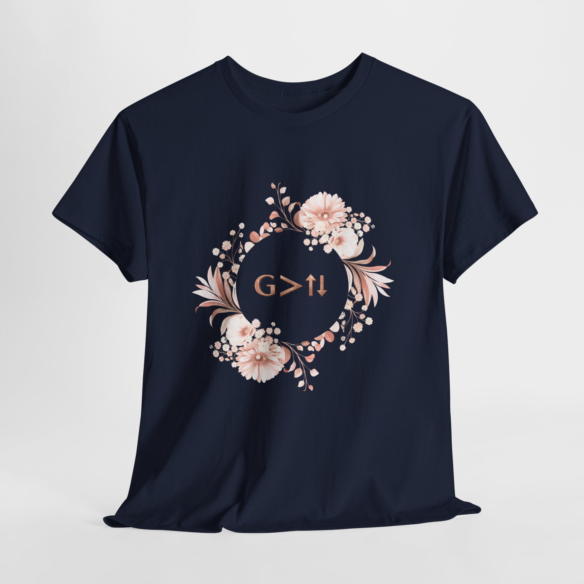 God Greater Than Highs and Lows Christian Shirt – G>↑↓ Faith Floral Wreath Tee – Inspirational Christian Women’s Shirt