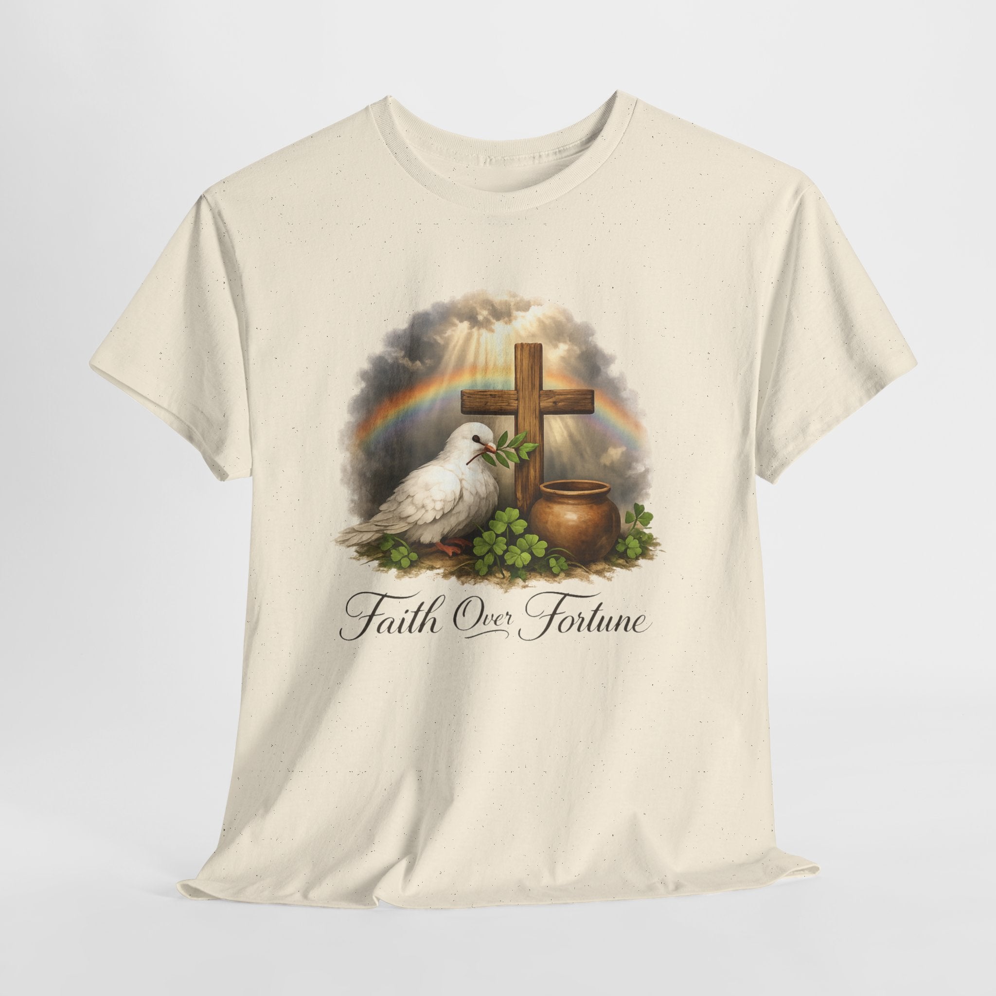 Faith Over Fortune Shirt – Christian Cross, Dove and Rainbow Graphic Tee, Inspirational Faith-Based T-Shirt for Women