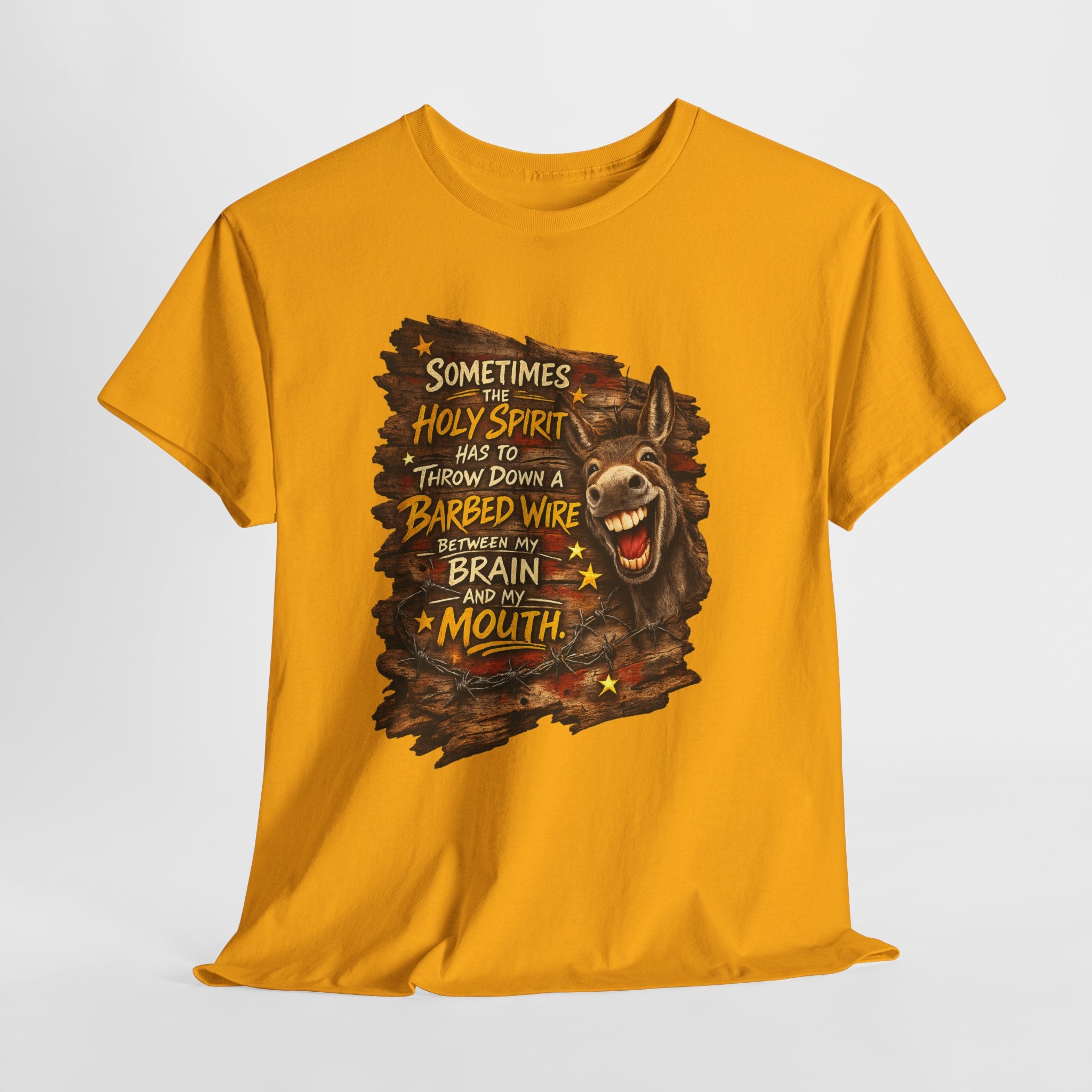 Funny Christian Donkey Shirt – “Sometimes the Holy Spirit Has to Throw Down Barbed Wire Between My Brain and My Mouth” – Christian Humor Country Graphic Tee