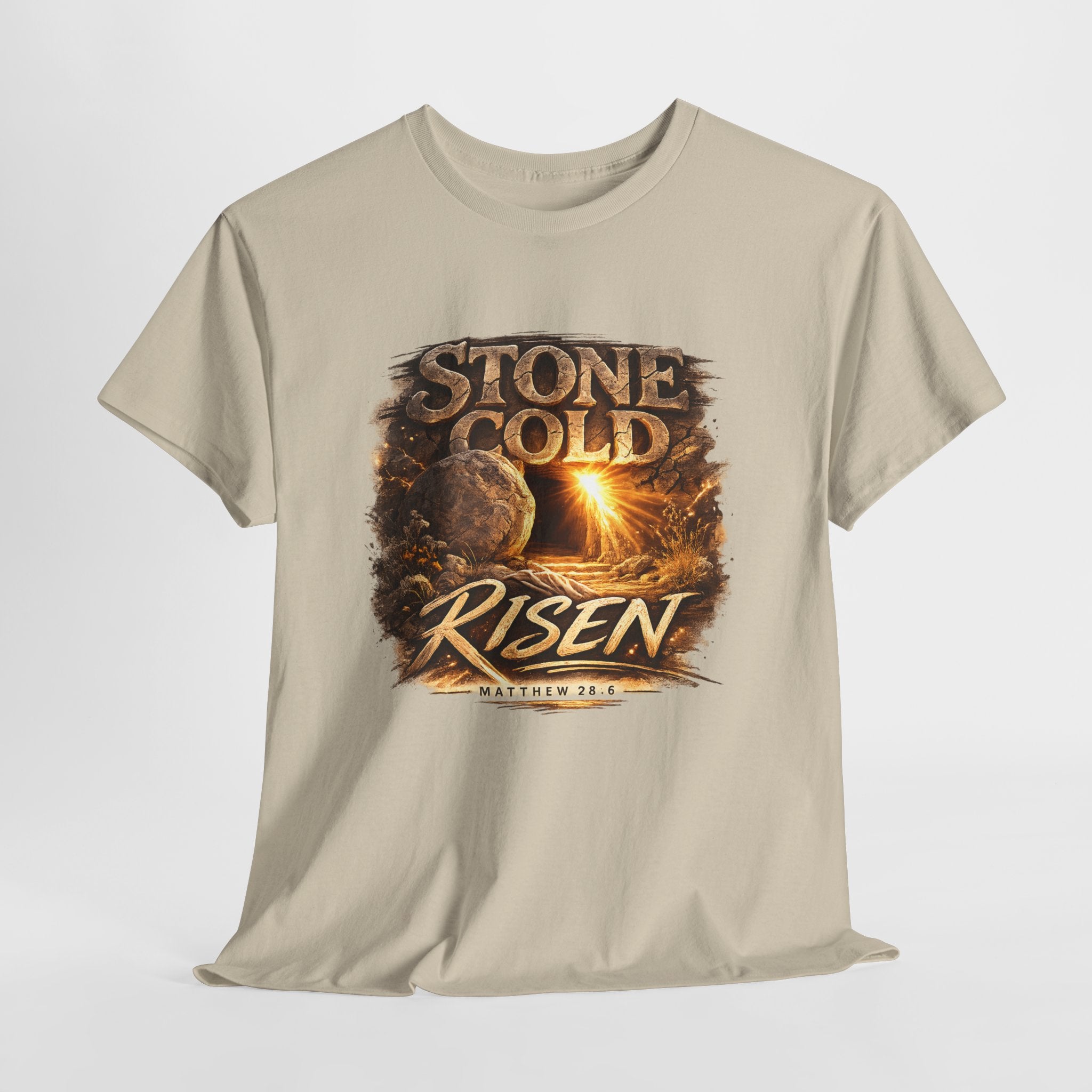 Stone Cold Risen Christian Shirt – Matthew 28:6 Bible Verse – Empty Tomb Resurrection Shirt – Easter Christian Graphic Tee