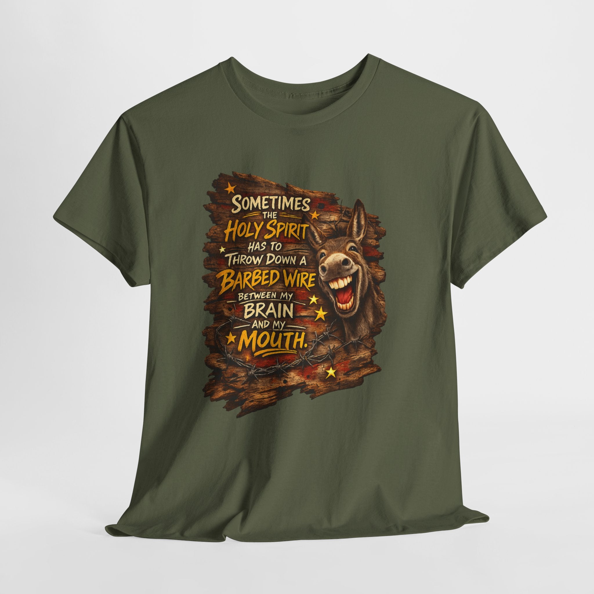 Funny Christian Donkey Shirt – “Sometimes the Holy Spirit Has to Throw Down Barbed Wire Between My Brain and My Mouth” – Christian Humor Country Graphic Tee