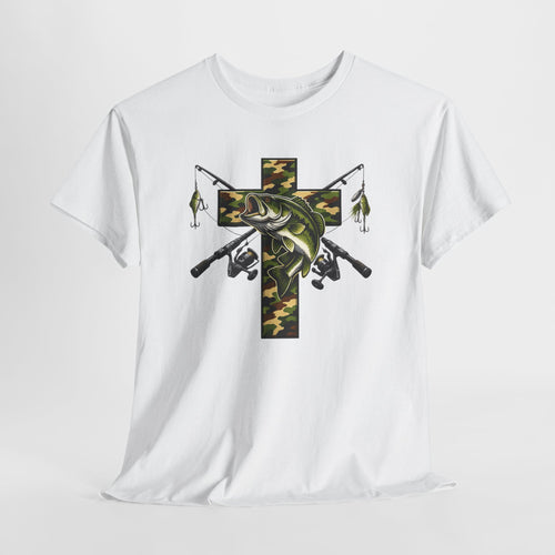Christian Fishing Cross Shirt – Camo Bass Faith T-Shirt | Fisherman Gift, Outdoor Christian Apparel, Faith and Fishing Tee