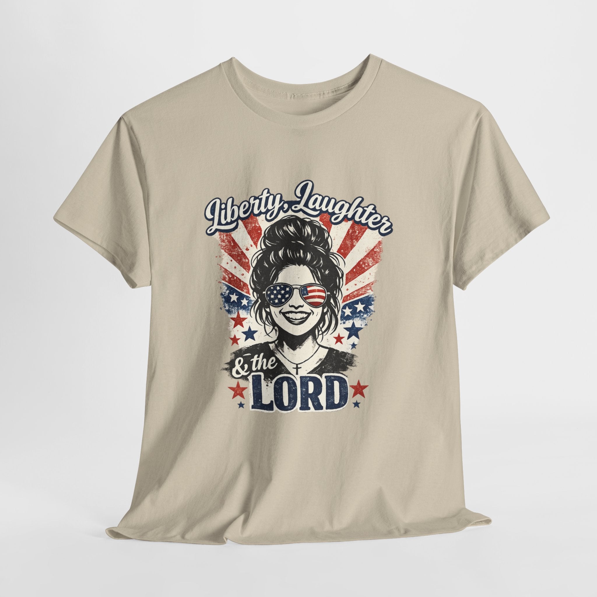Liberty Laughter & The Lord Patriotic Christian Shirt, Funny Faith USA Graphic Tee, American Flag Sunglasses Women T-Shirt
