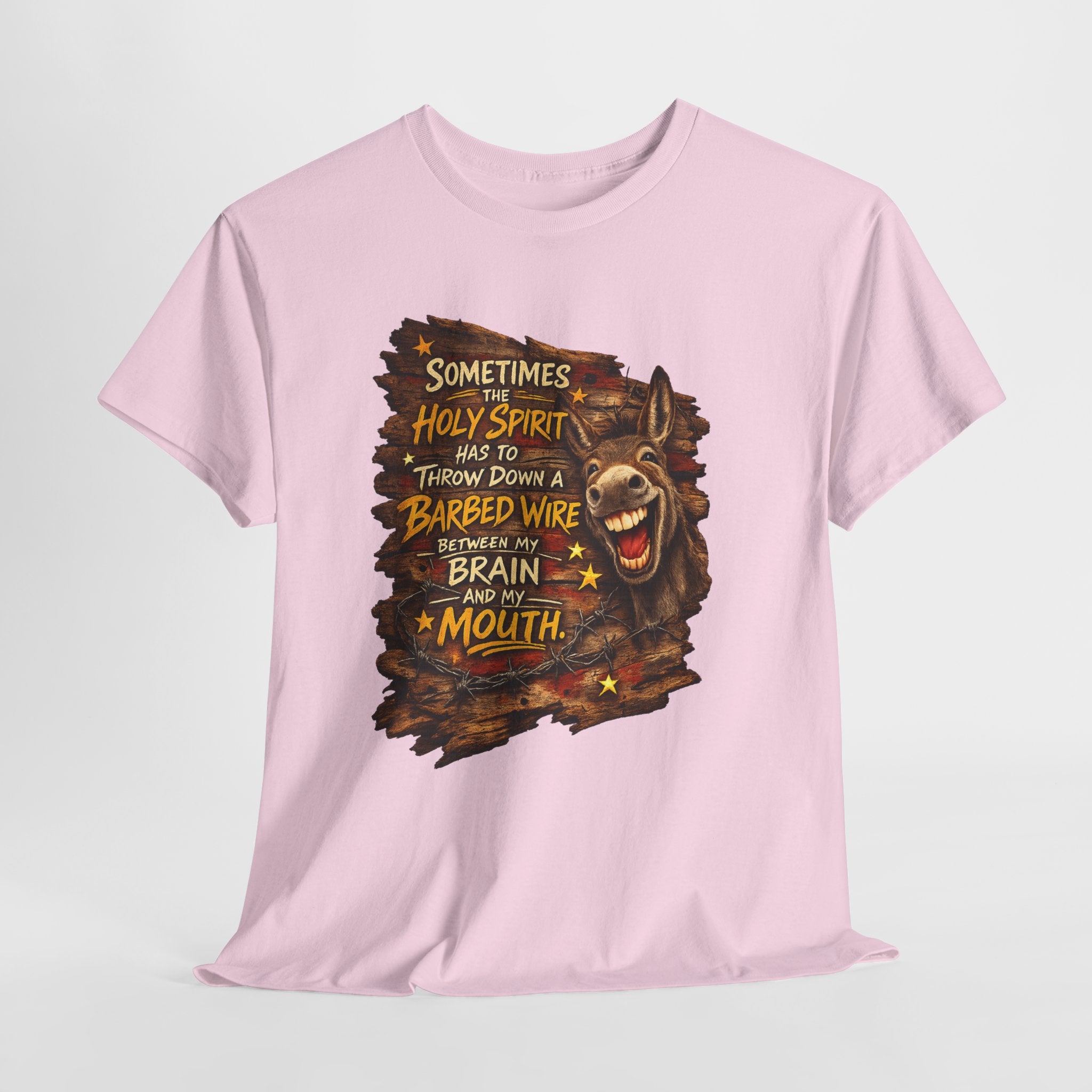 Funny Christian Donkey Shirt – “Sometimes the Holy Spirit Has to Throw Down Barbed Wire Between My Brain and My Mouth” – Christian Humor Country Graphic Tee