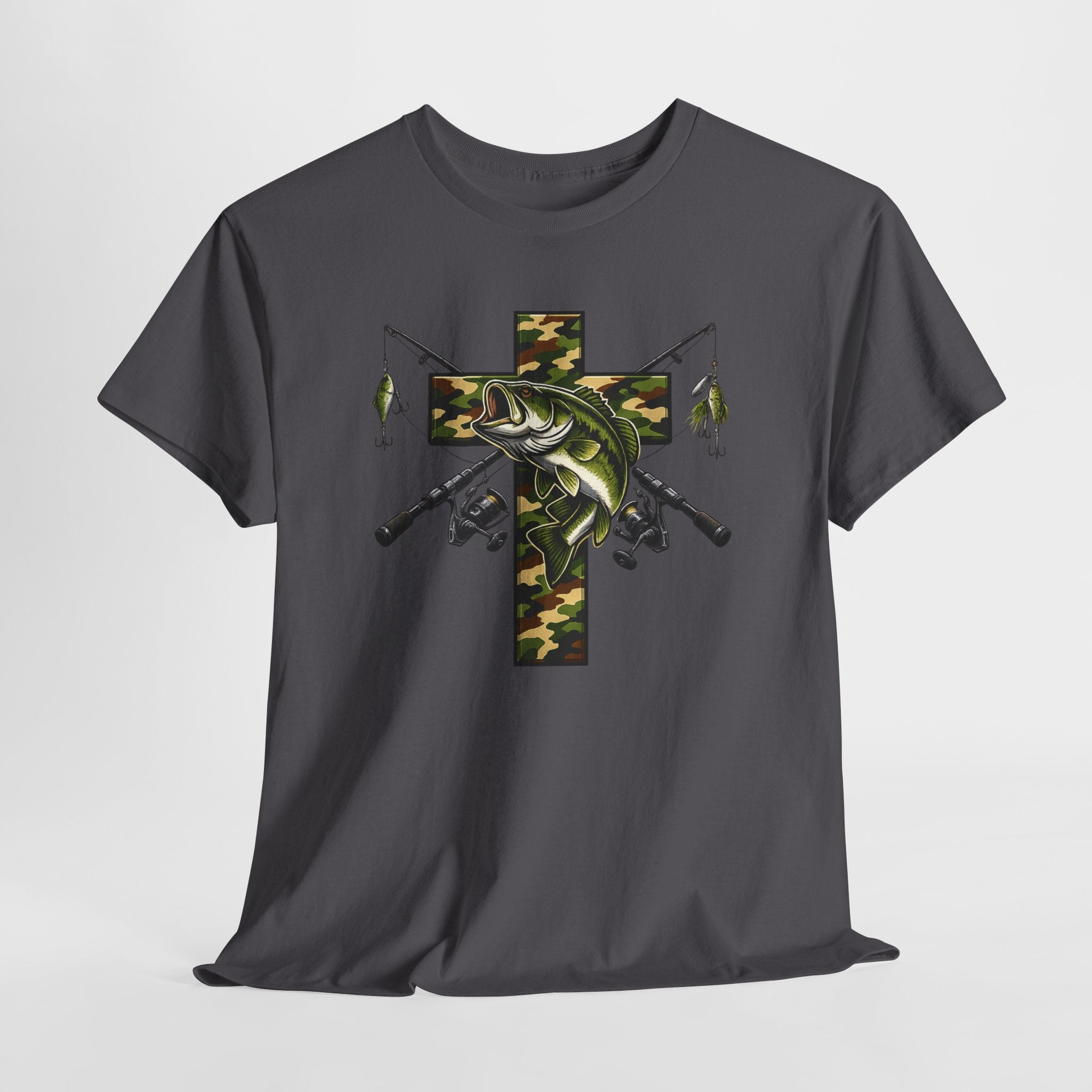 Christian Fishing Cross Shirt – Camo Bass Faith T-Shirt | Fisherman Gift, Outdoor Christian Apparel, Faith and Fishing Tee