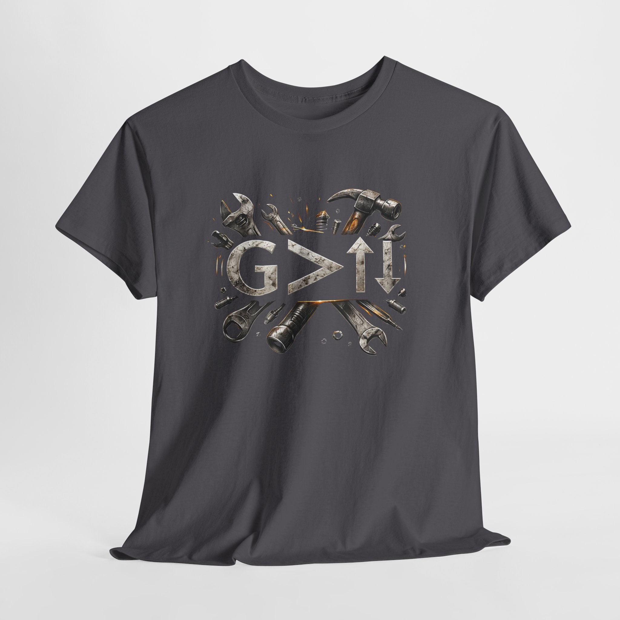 God Greater Than Highs and Lows Christian Shirt – G>↑↓ Faith Tee – Christian Mechanic & Tradesman Shirt