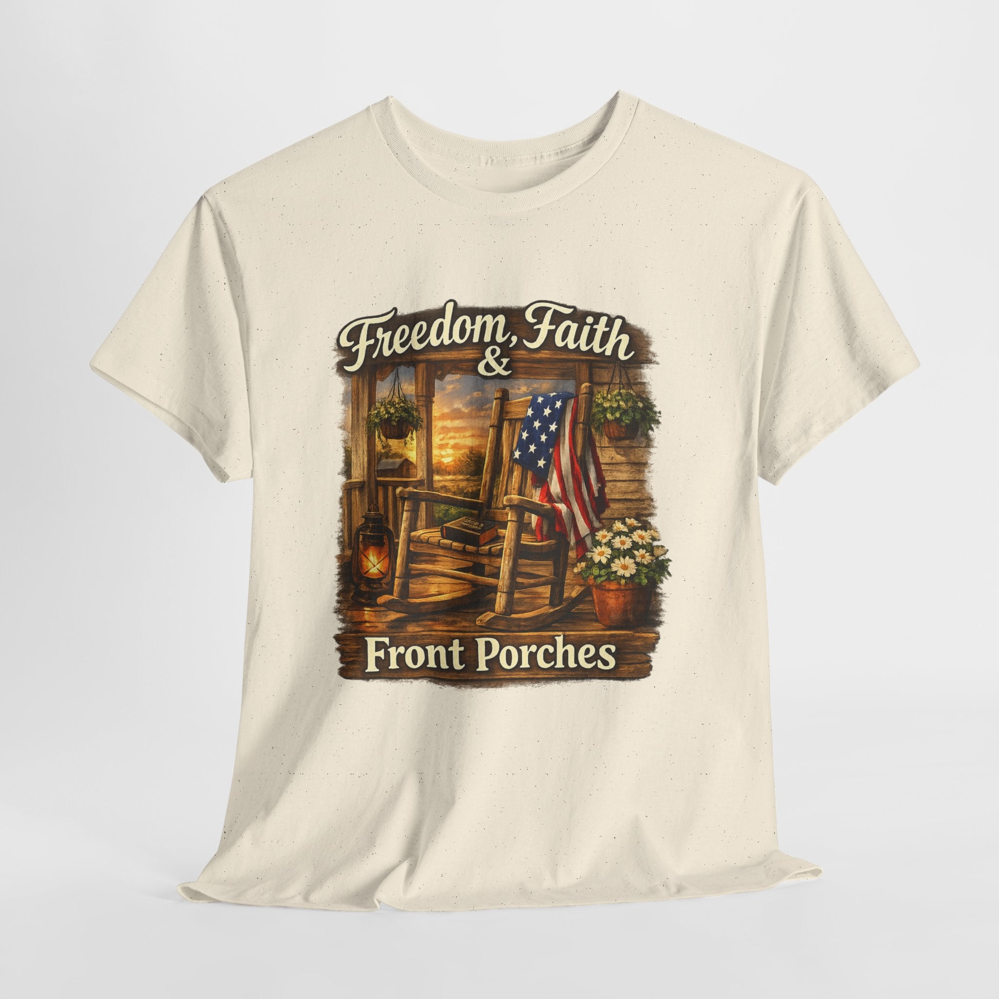 Freedom Faith Front Porch Patriotic Shirt, Christian Country Porch Life Tee, Rustic American Flag Rocking Chair T-Shirt