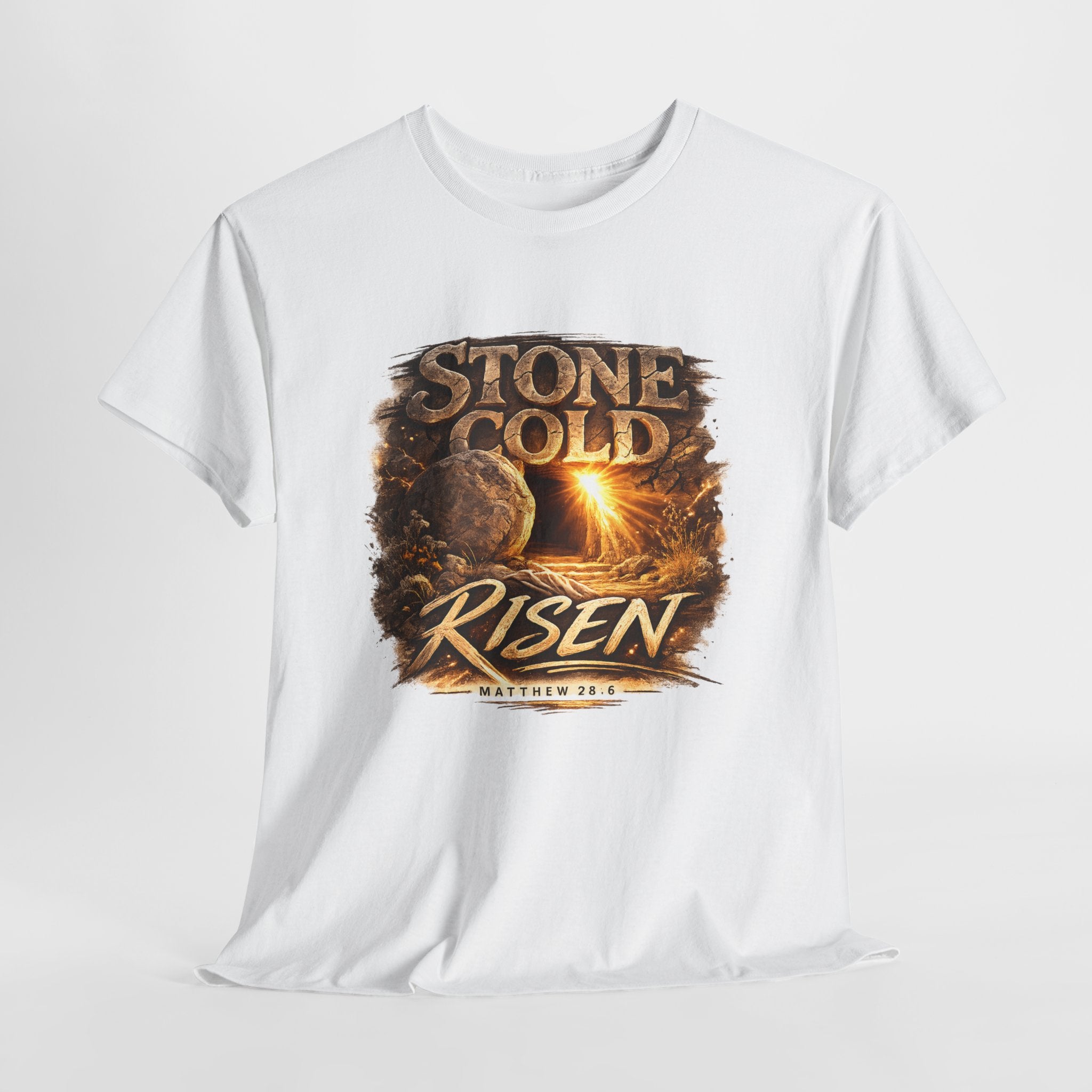 Stone Cold Risen Christian Shirt – Matthew 28:6 Bible Verse – Empty Tomb Resurrection Shirt – Easter Christian Graphic Tee