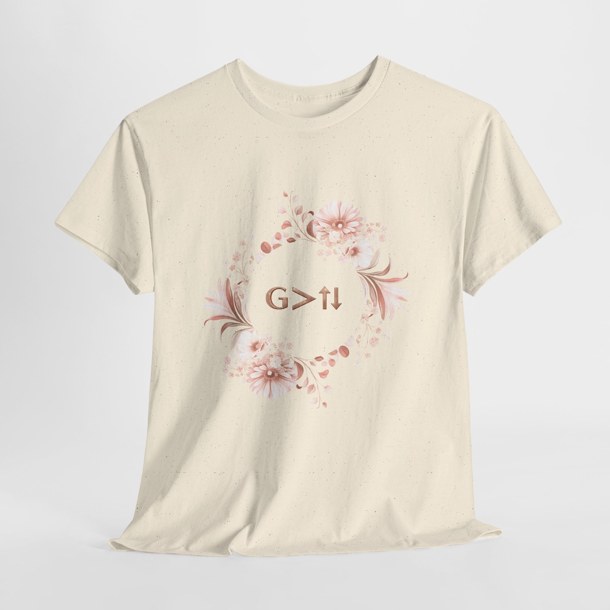 God Greater Than Highs and Lows Christian Shirt – G>↑↓ Faith Floral Wreath Tee – Inspirational Christian Women’s Shirt