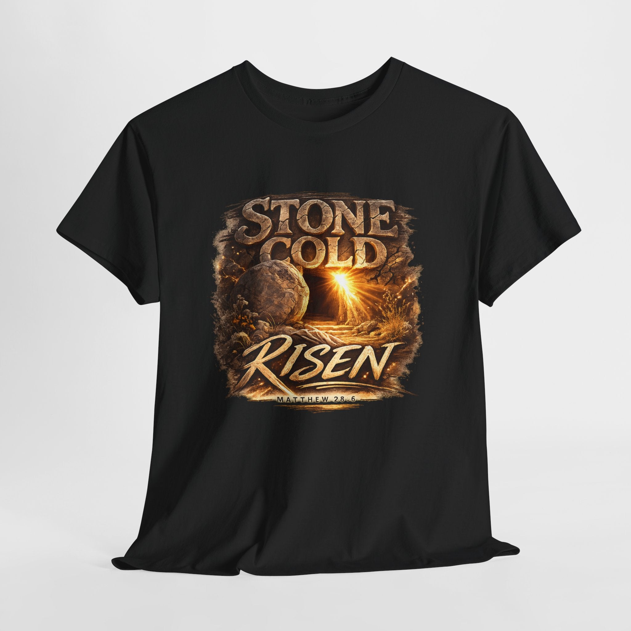 Stone Cold Risen Christian Shirt – Matthew 28:6 Bible Verse – Empty Tomb Resurrection Shirt – Easter Christian Graphic Tee