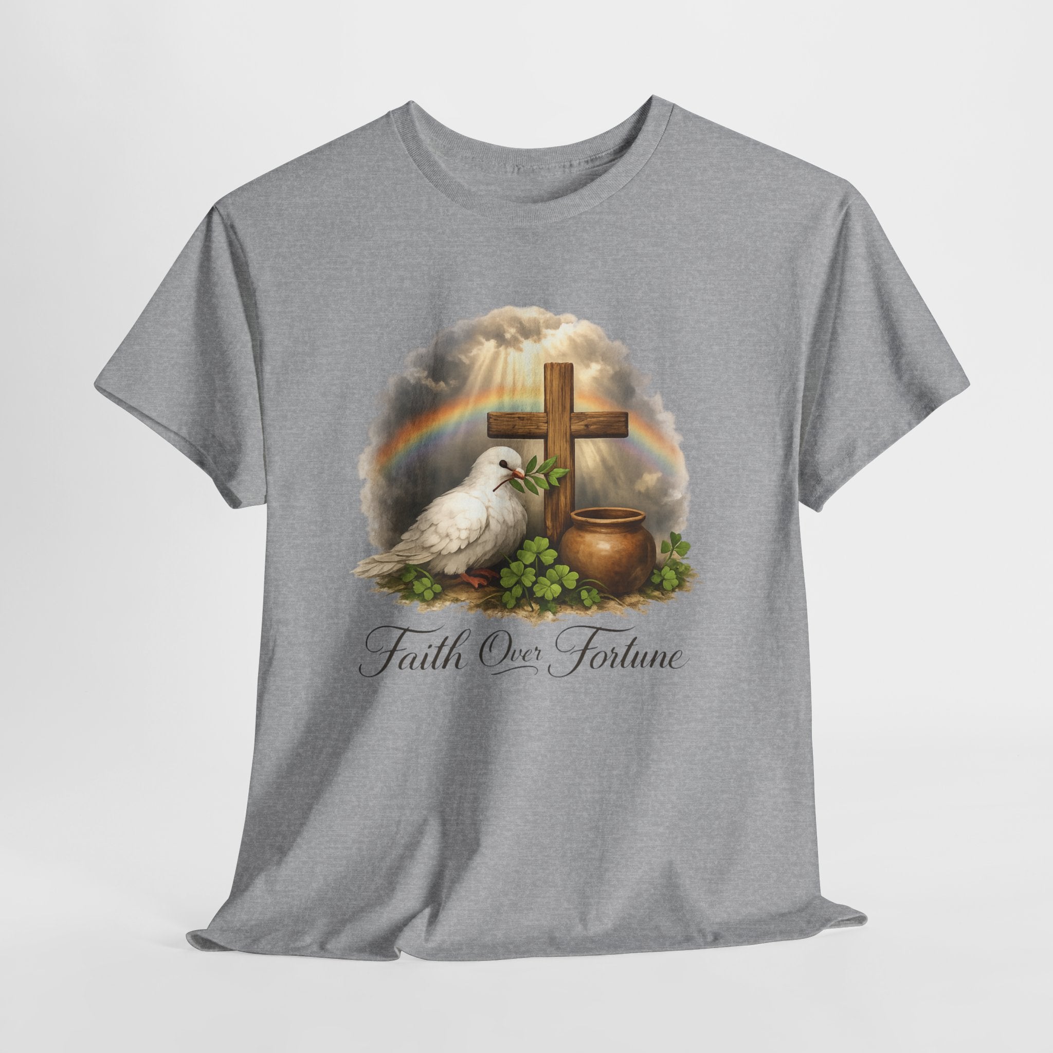 Faith Over Fortune Shirt – Christian Cross, Dove and Rainbow Graphic Tee, Inspirational Faith-Based T-Shirt for Women